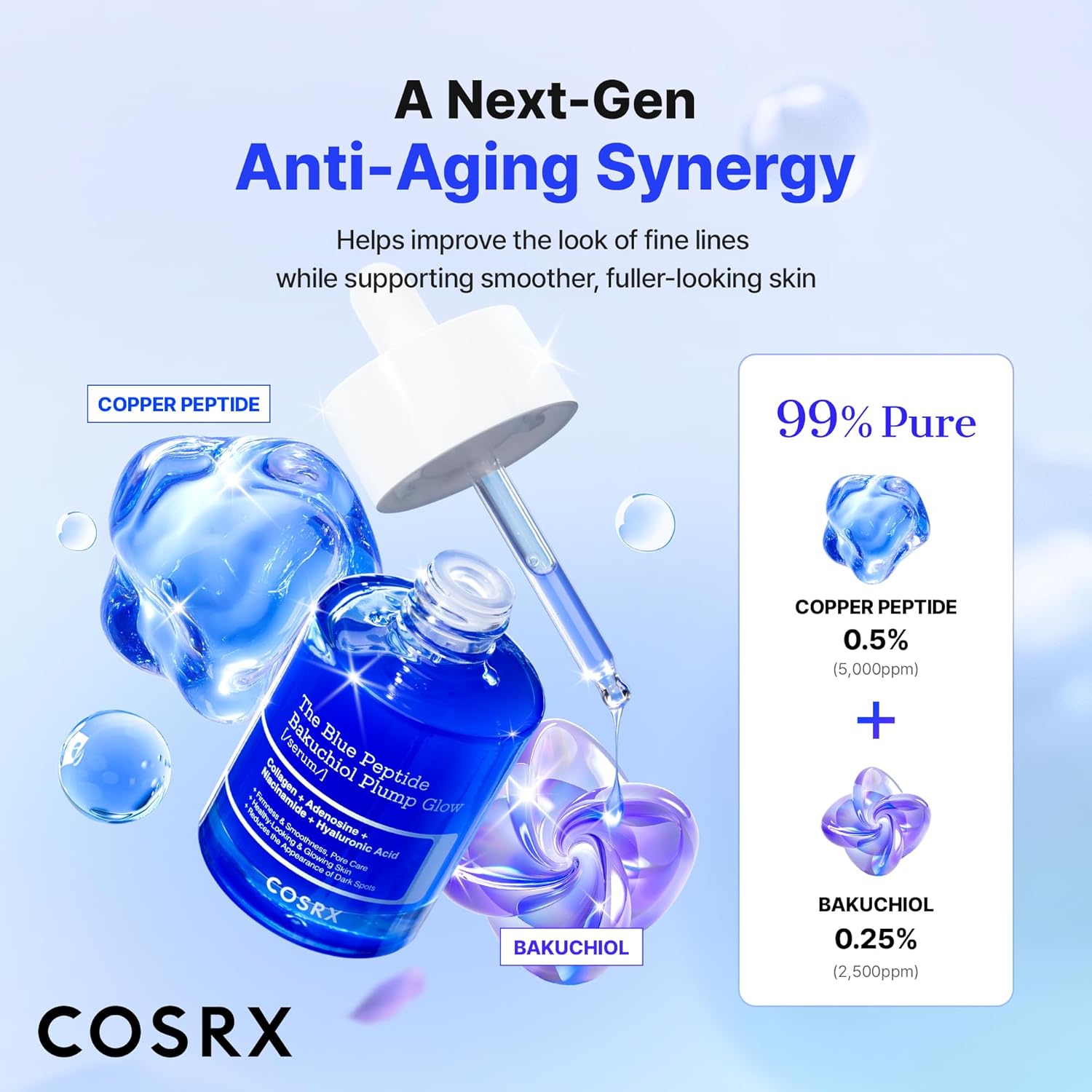 COSRX The Blue Copper Peptide Bakuchiol Serum, suero rellenador de péptidos coreanos para cara, péptidos de cobre GHK-Cu con Bakuchiol, Glow & Plump, cuidado antienvejecimiento y reafirmante de la