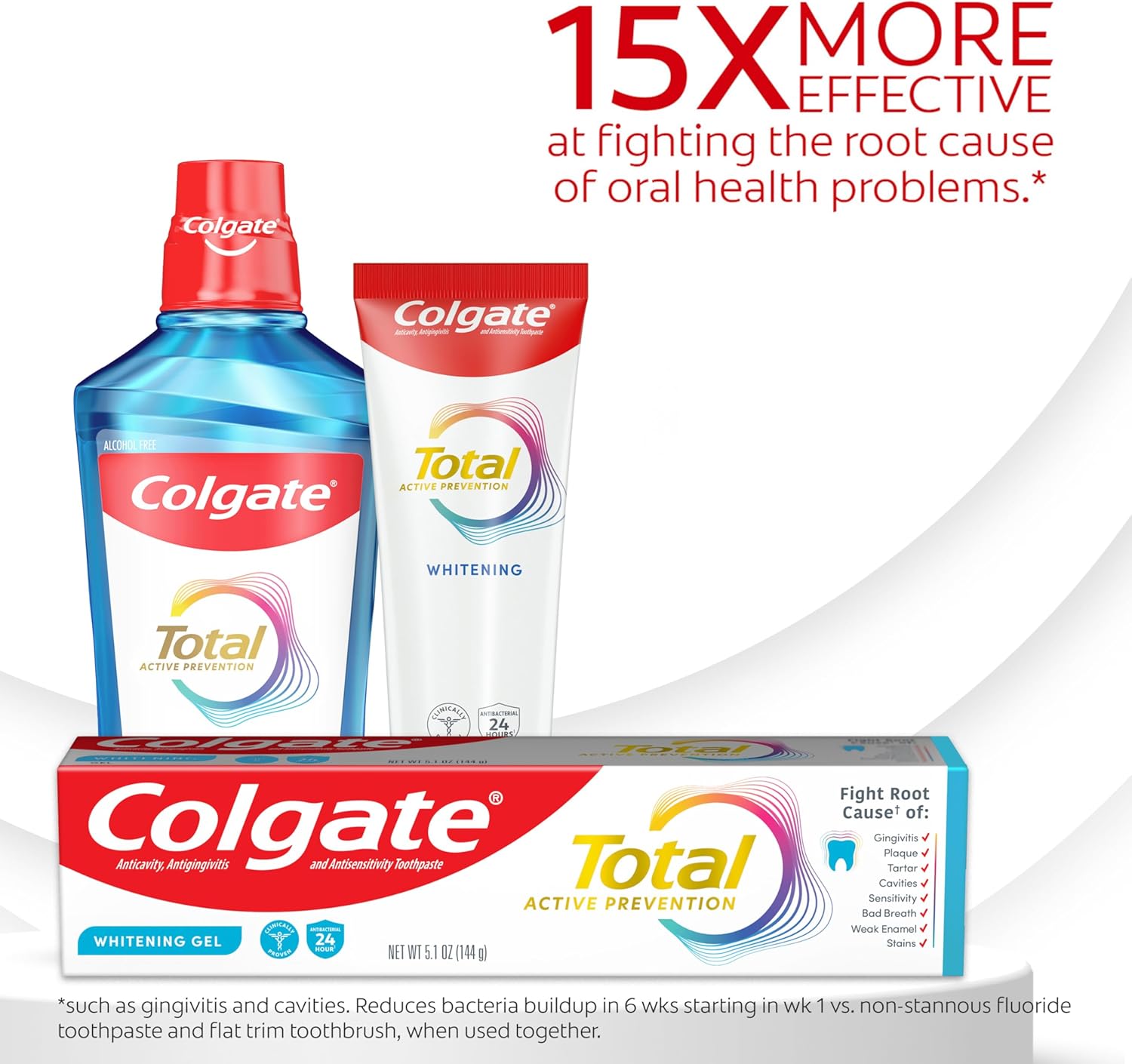 Colgate Total Active Prevention - Pasta de dientes en gel blanqueador con flúor, a granel con fórmula clínicamente probada que combate las bacterias de la placa, menta, paquete de 4, 5.1 onzas