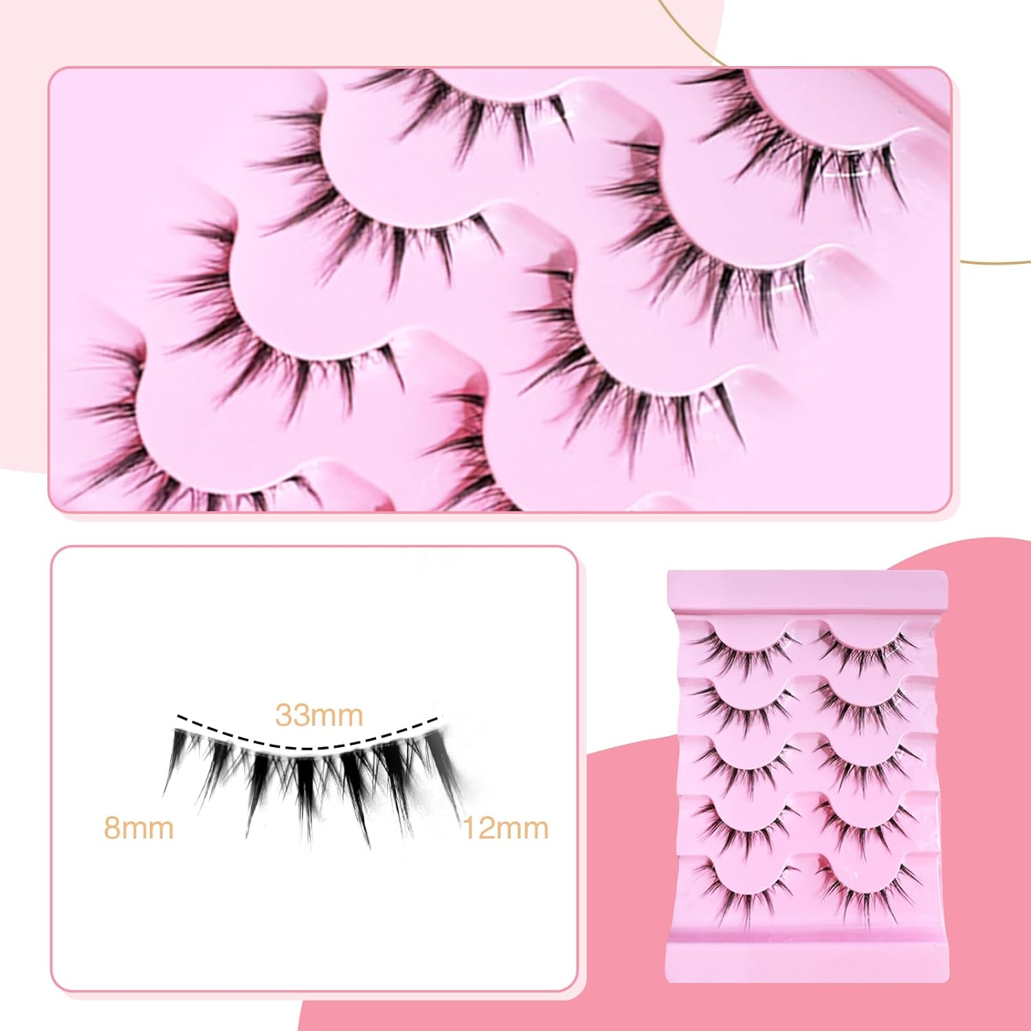 False Eyelashes, Easy for Beginners, Easy to Apply False Eyelashes, Handmade False Eyelashes, Natural Eyelashes, Tweezers Included, Thin Makeup Gifts, 5 Pairs (manga lash A)