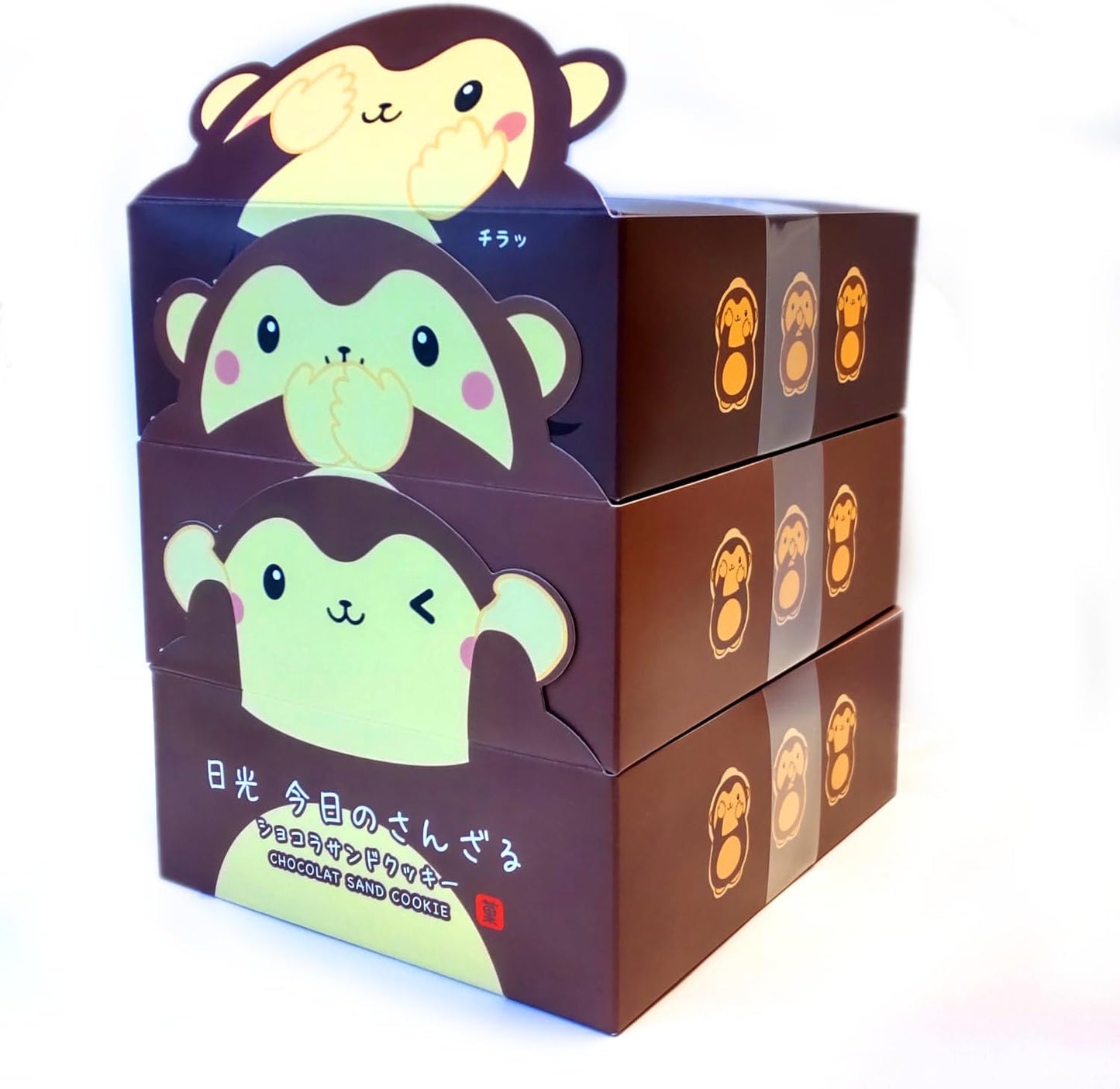 (3 Types of Three Monkey Design Box Set) Nikko Today's Sanzaru Chocolat Sand Cookies, 8 Pieces per Box, Three Monkeys (See, Speak, Hear No) Design Box