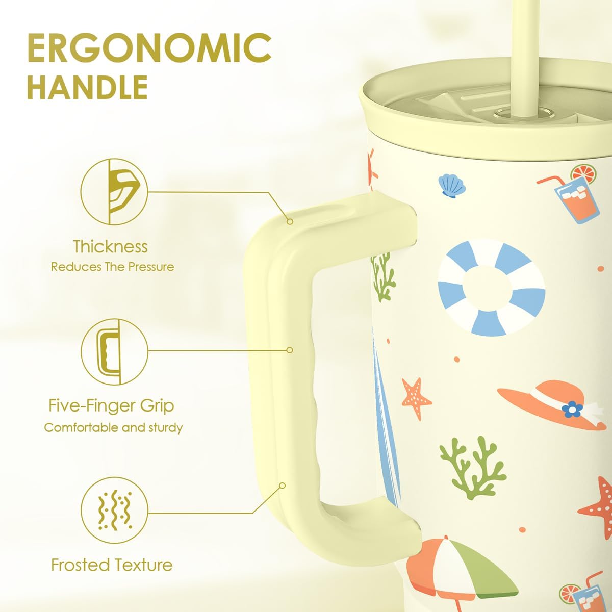 SANDJEST Vaso de 40 onzas con asa y pajilla, taza de café de viaje de acero inoxidable aislado para mujeres, niñas, amantes de la playa, idea de regalo para cumpleaños, Navidad, día de la madre, vacaciones de verano (color)