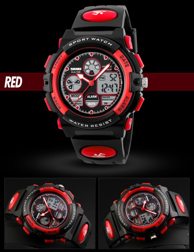 fngeen KidsスポーツウォッチLEDライトアナログデジタル防水アラームWatch for Boys ブラック