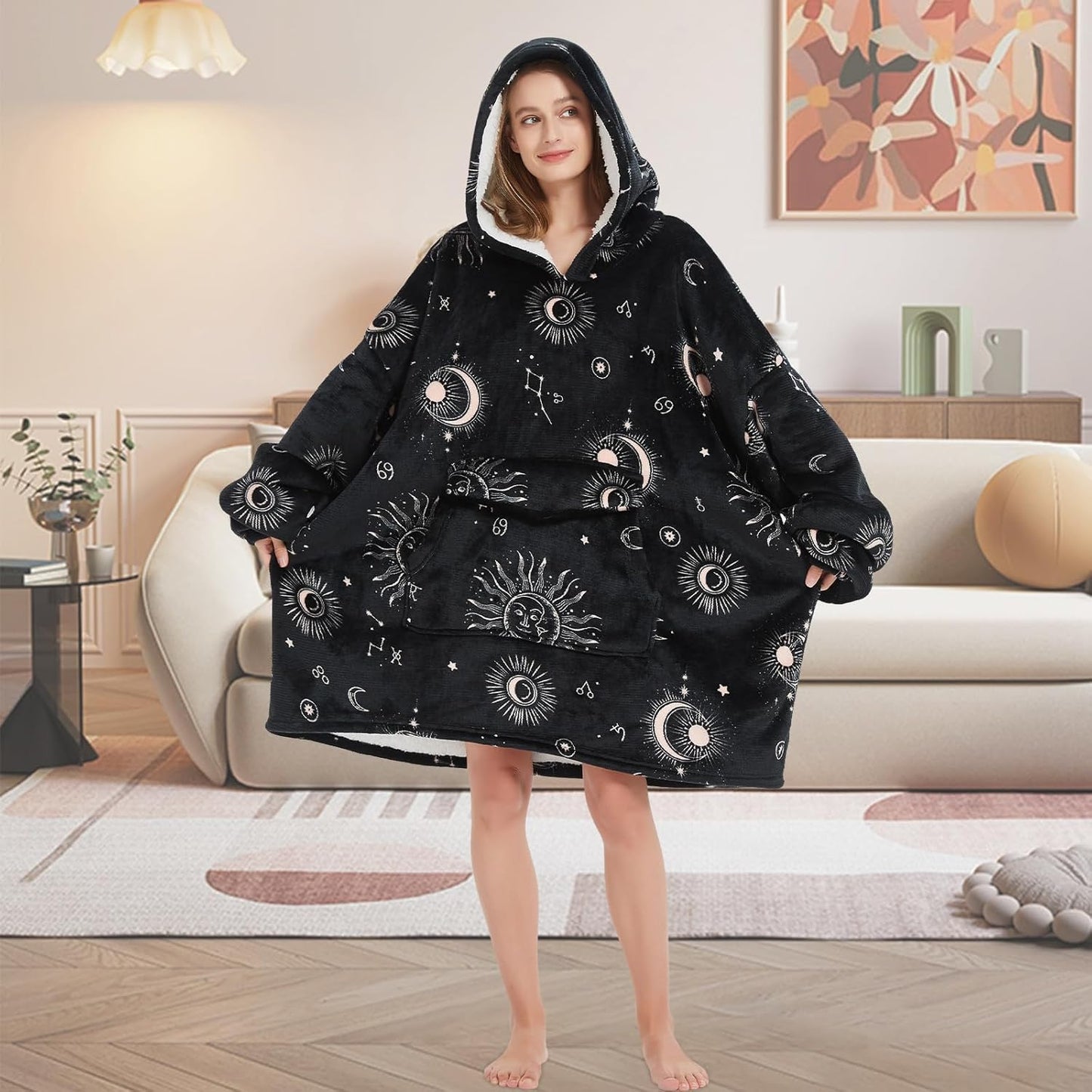 Mewkou - Manta con capucha portátil para adultos, manta con capucha de forro polar sherpa de gran tamaño para mujeres y hombres, Sol y Luna