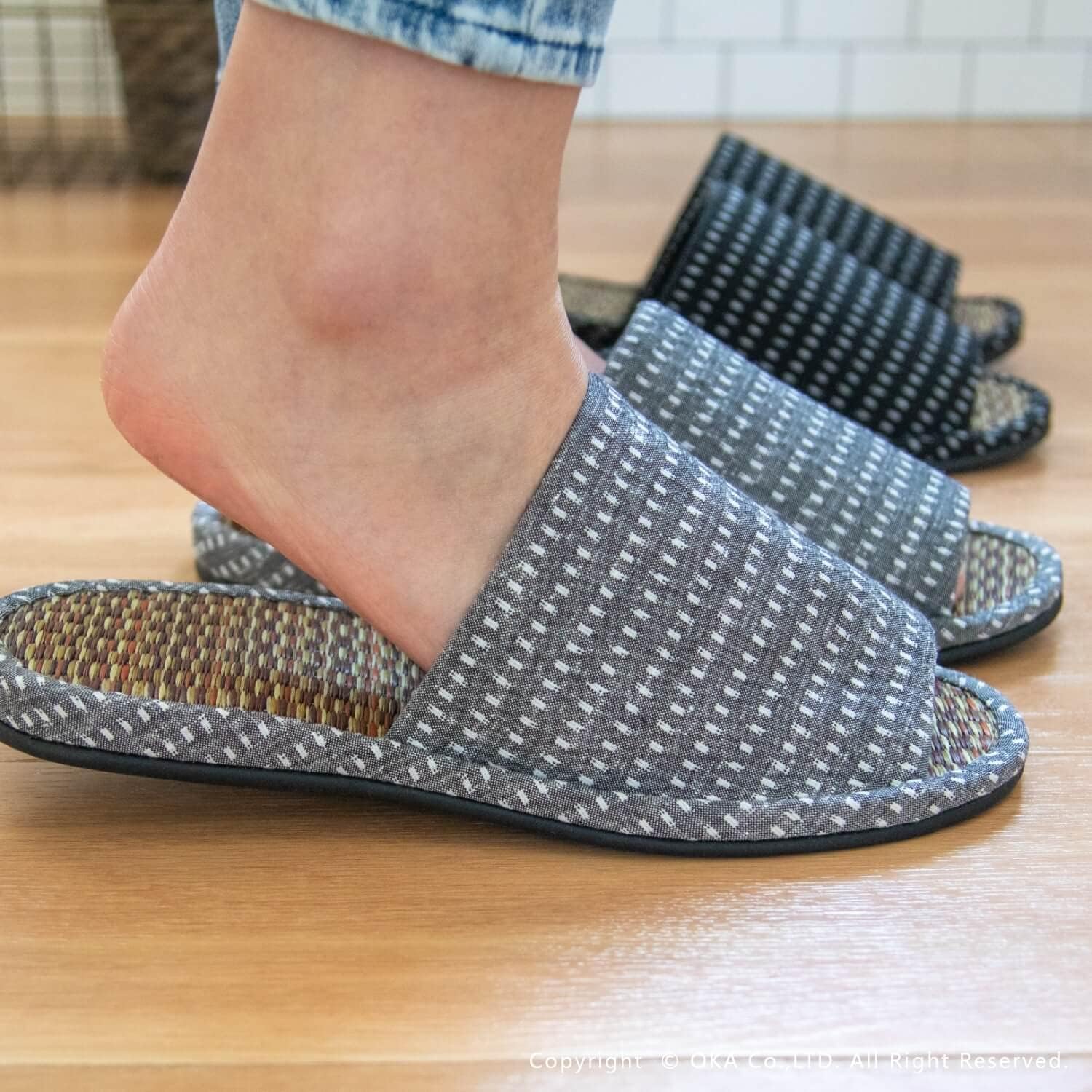 OKA Kurume Woven Tatami Slippers, Made in Japan, Size L, Gray
