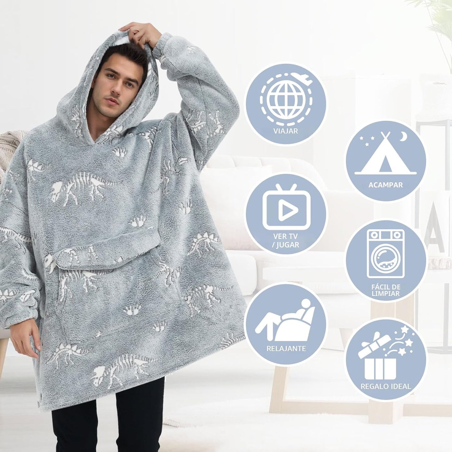 Mewkou - Manta con capucha de vestir para adultos, sudadera con capucha de forro polar sherpa de gran tamaño para mujeres y hombres, dinosaurio fósil que brilla en la oscuridad