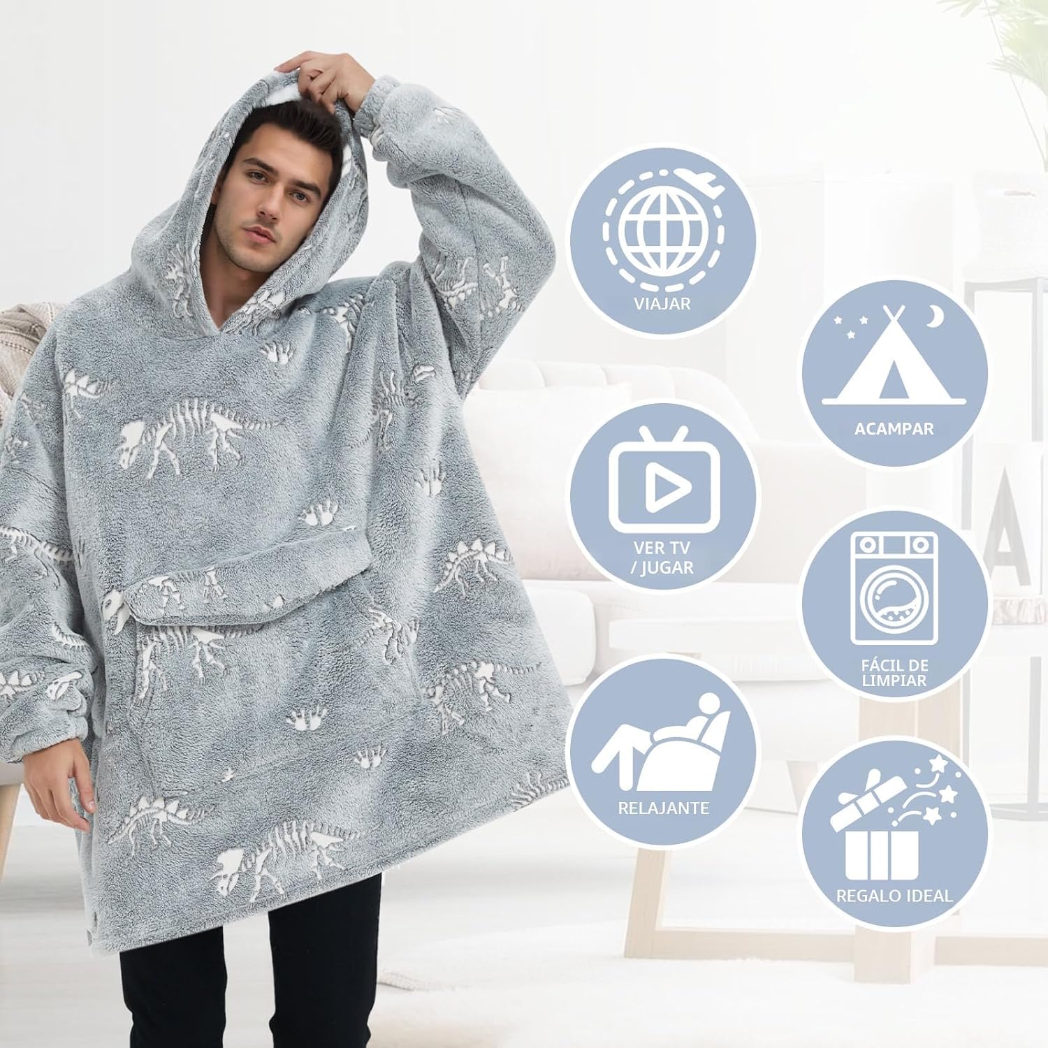 Mewkou - Manta con capucha de vestir para adultos, sudadera con capucha de forro polar sherpa de gran tamaño para mujeres y hombres, dinosaurio fósil que brilla en la oscuridad