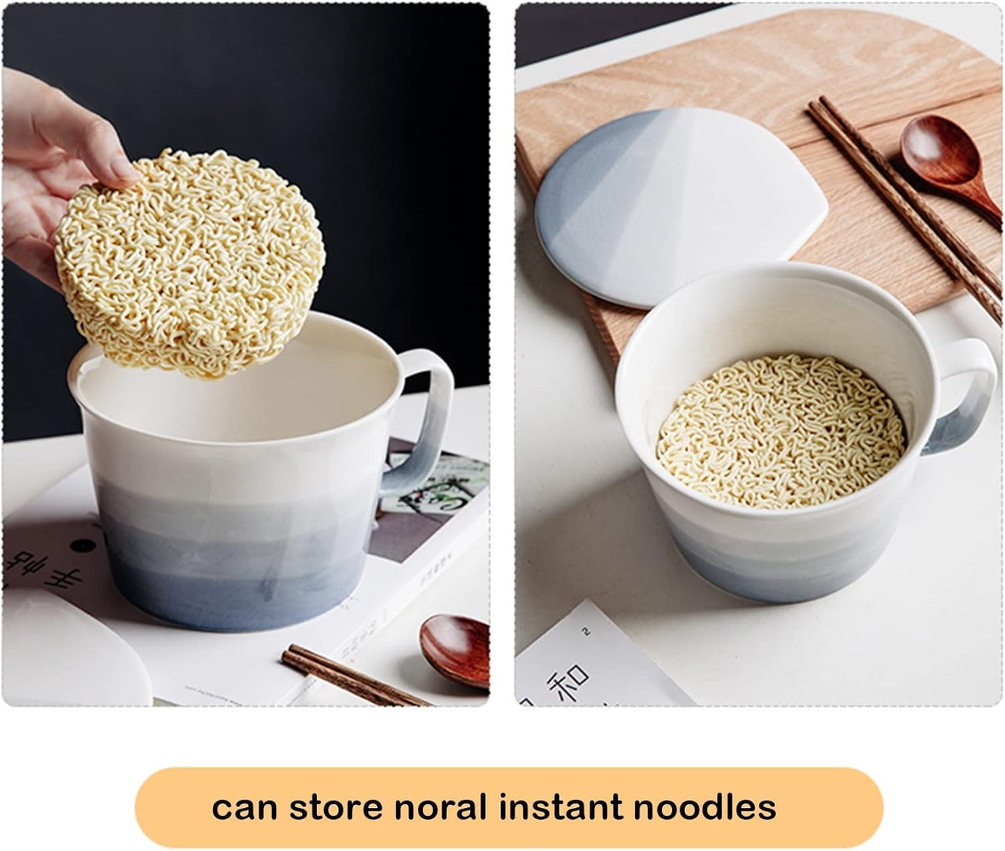 Soup Rice Bowl, Ramen Bowl with Chopsticks Lid Creative Ceramic Instant Noodle Bowl Soup Bowl with Handle for Cereal Rice Ramen Udon