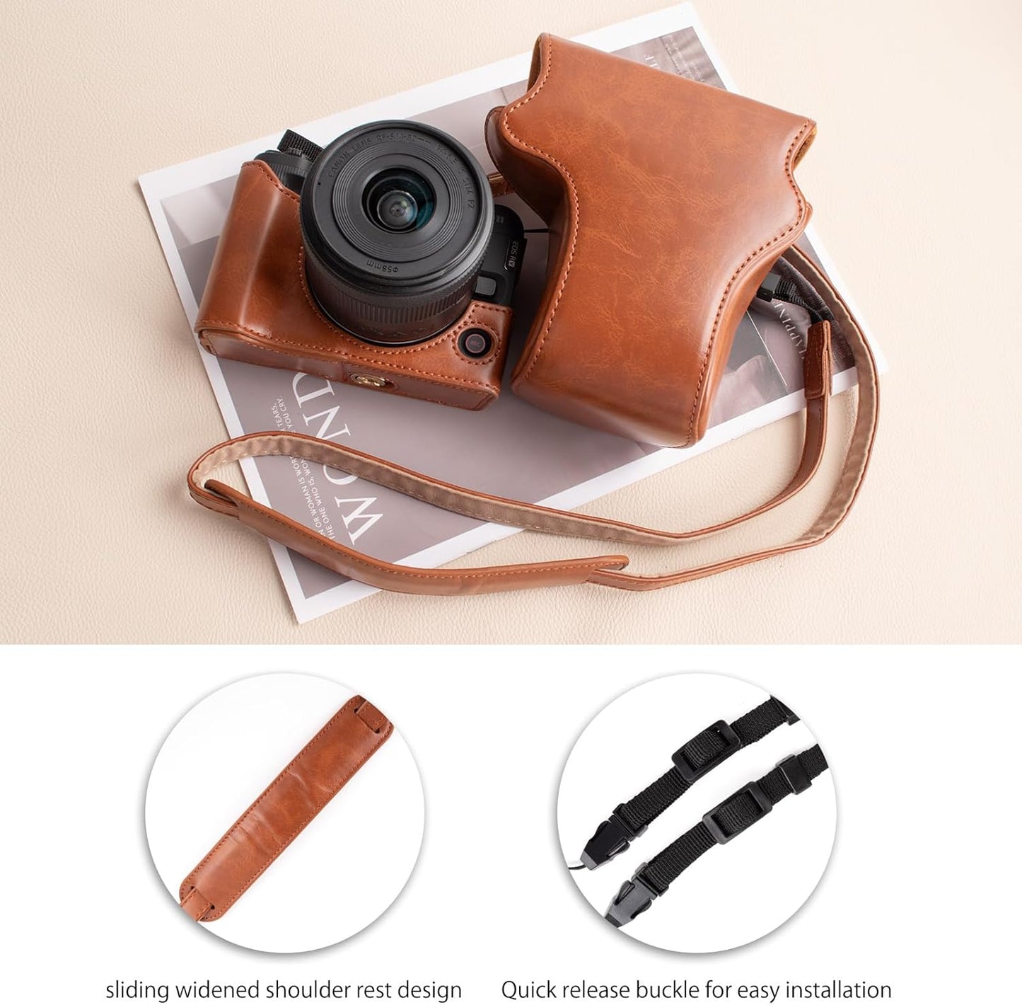 MUZIRI KINOKOO Case for Canon EOS R50 V Camera PU Leather Protective Cover for EOS R50 V/R50V Digital Camera with RF-S14-30mm Lens Detachable Carrying Case with Adjustable Shoulder Strap, Braun
