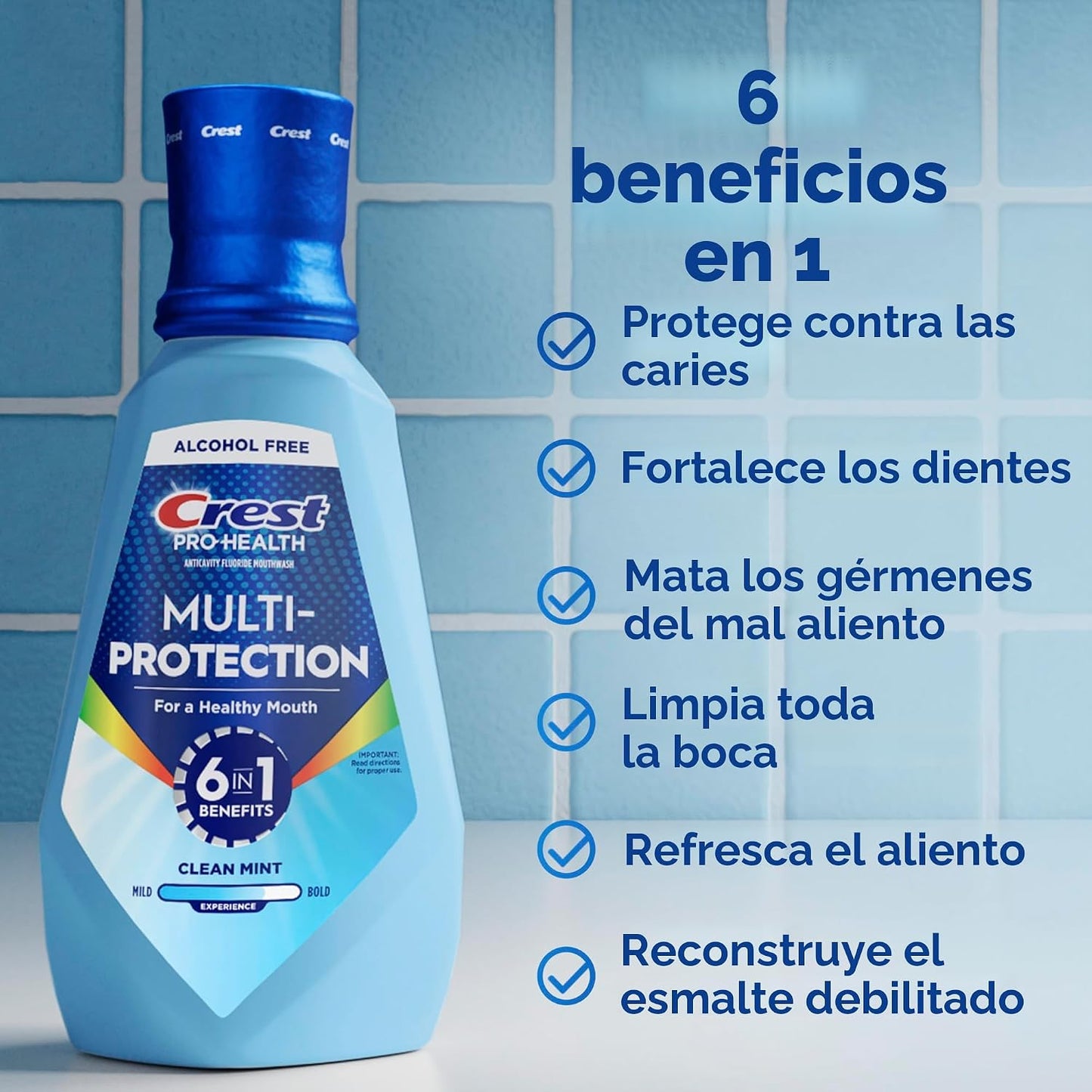 Crest Enjuague bucal Pro Health Multi-Protection, 1L, paquete de 2, beneficios 6 en 1, sin alcohol, reparación de esmalte, ambientador de aliento, anti caries, enjuague bucal con flúor, tratamiento para el mal aliento para adultos, contiene CPC