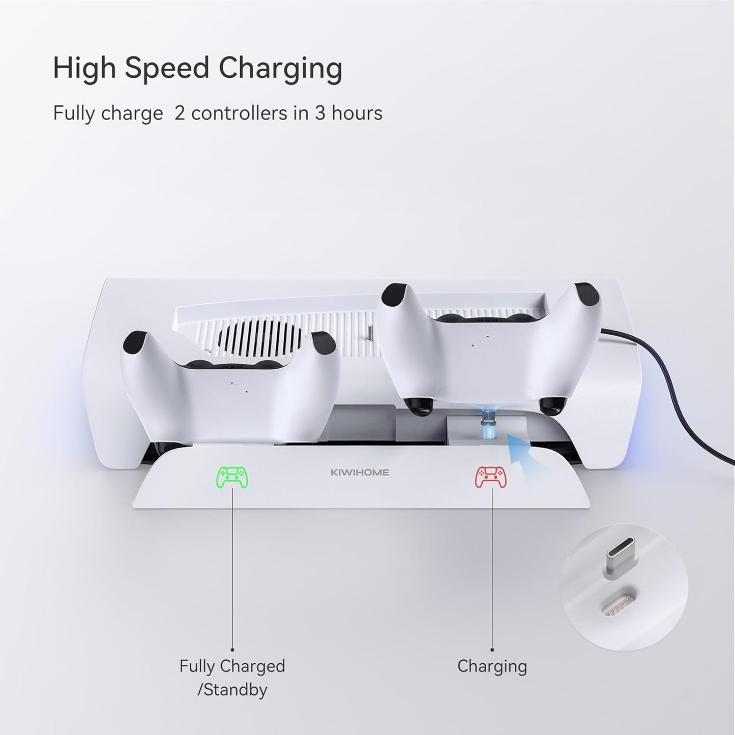 KIWIHOME PS5 Stand, Vertical Stand, Magnetic Charging Version, PS5 Peripheral Devices, RGB Effect, 2 Controllers, Charging Stand, 3 USB Ports, PS5, Cooling Fan, PS5, Stand, Vertical, Compatible with