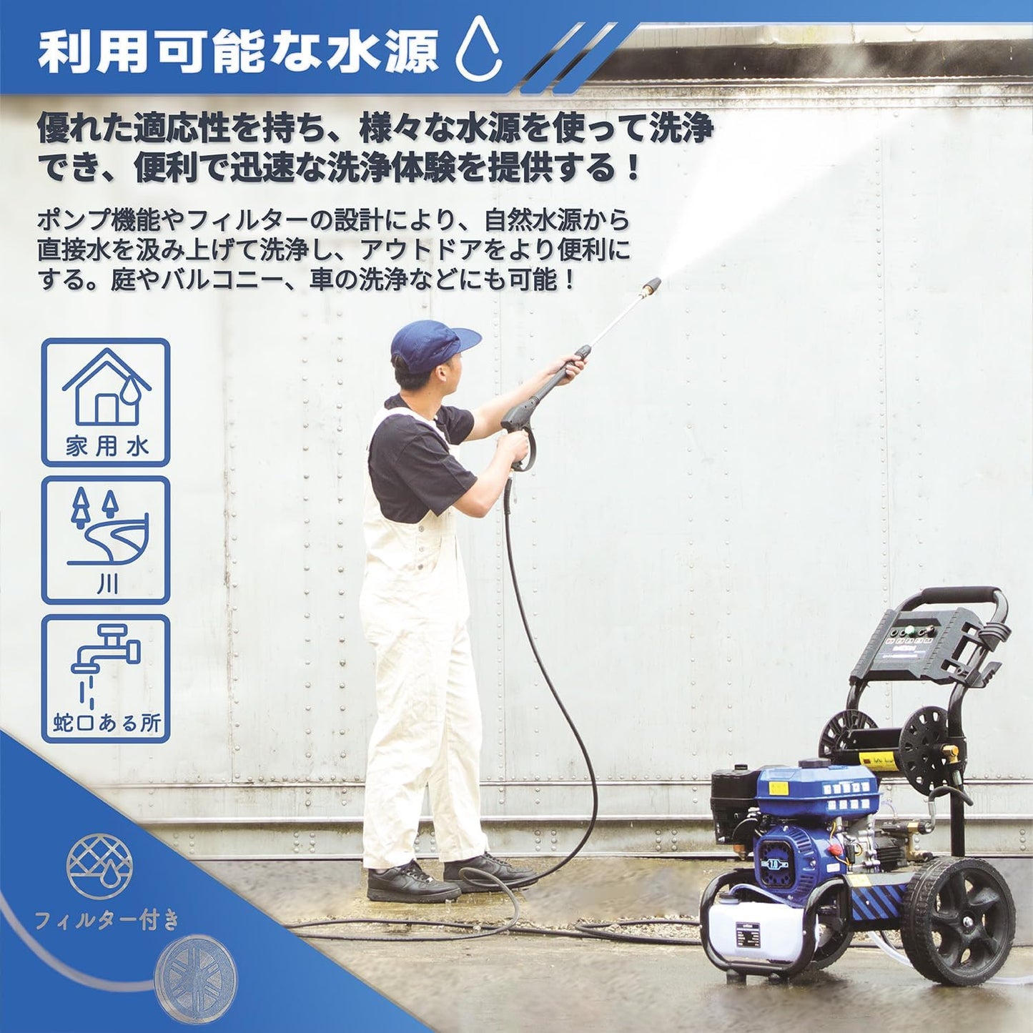 Gaidohエンジン式高圧洗浄機セット組 24MPAガソリンエンジン7.0馬力 純銅製ポンプ9.5L/min 強力自吸 蛇口接続可 溜め水給水可 2L洗浄剤タンク付 給水機能付 標準5つの噴射パターン付 電源不要 初心者でも使用簡単 車輪付タイプ オートチック機能 水道直結 農機具 強力 洗浄 粗皮削り
