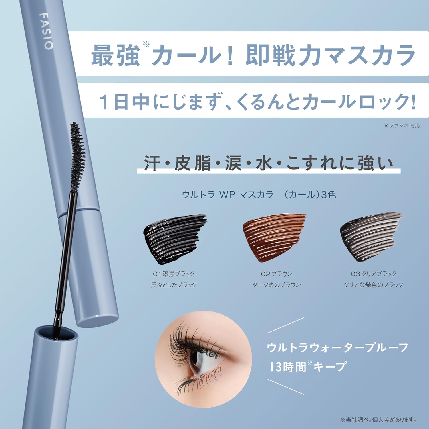 FASIO Ultra WP Mascara (Curl) 03, Clear Black, 0.2 oz (6 g), Ultra Waterproof, Sweat & Sebum Unscented