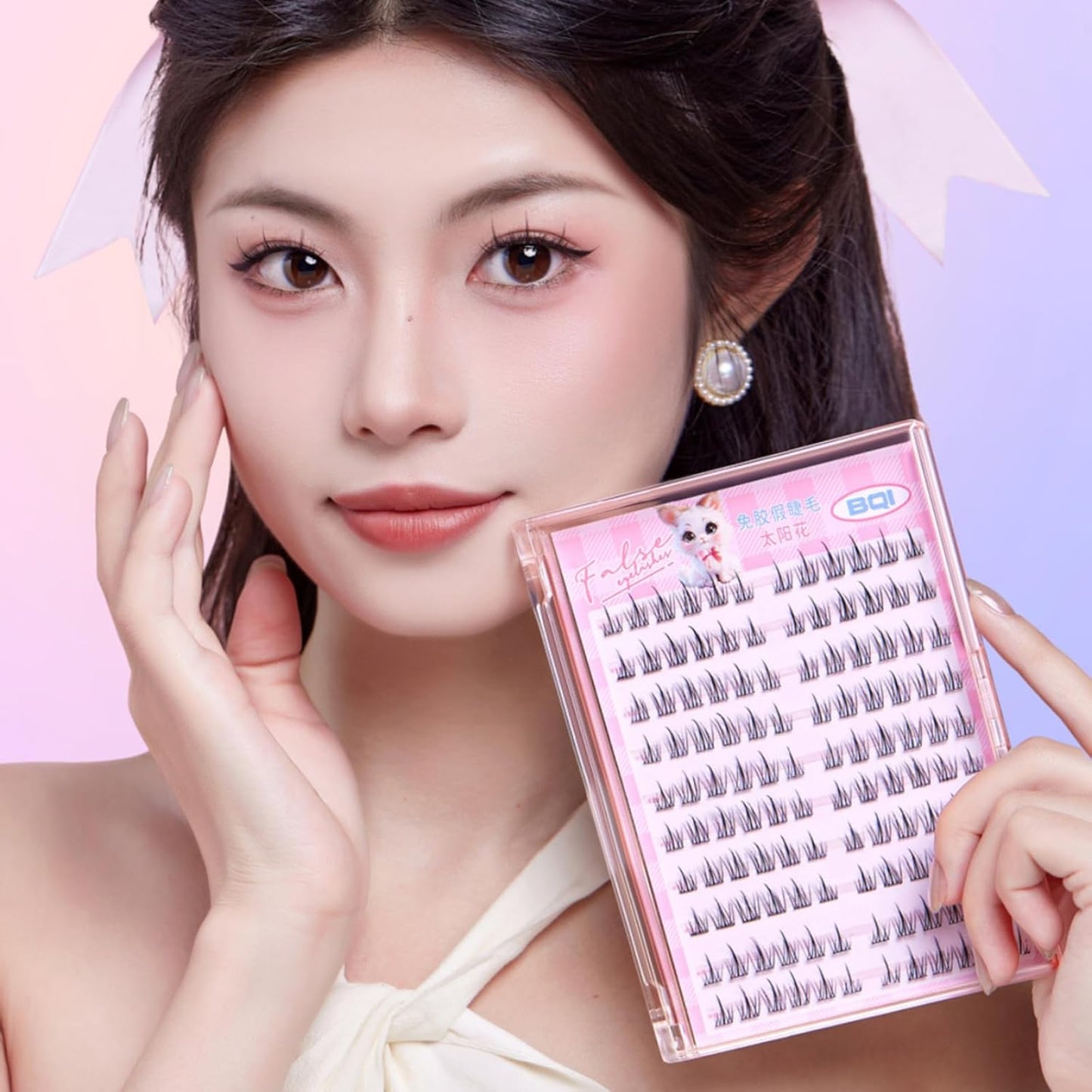 The eyelashes part does not require glue, black and has a natural bundle of cute, popular thin makeup, strong and difficult to fall off, lightweight and comfortable for beginners, easy to wear and