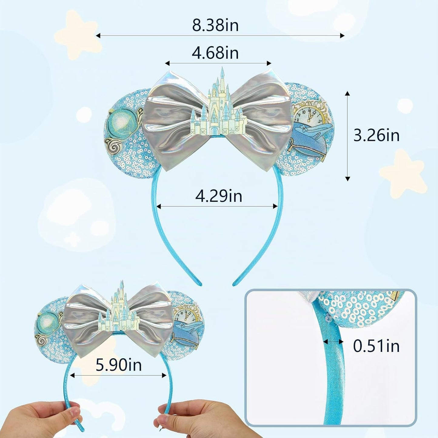 LYLIN Diadema con orejas de ratón, orejas de ratón azules con lazos de castillo para mujeres y niñas, accesorios para el cabello, orejas de parque, viajes, fiesta, cosplay, accesorios