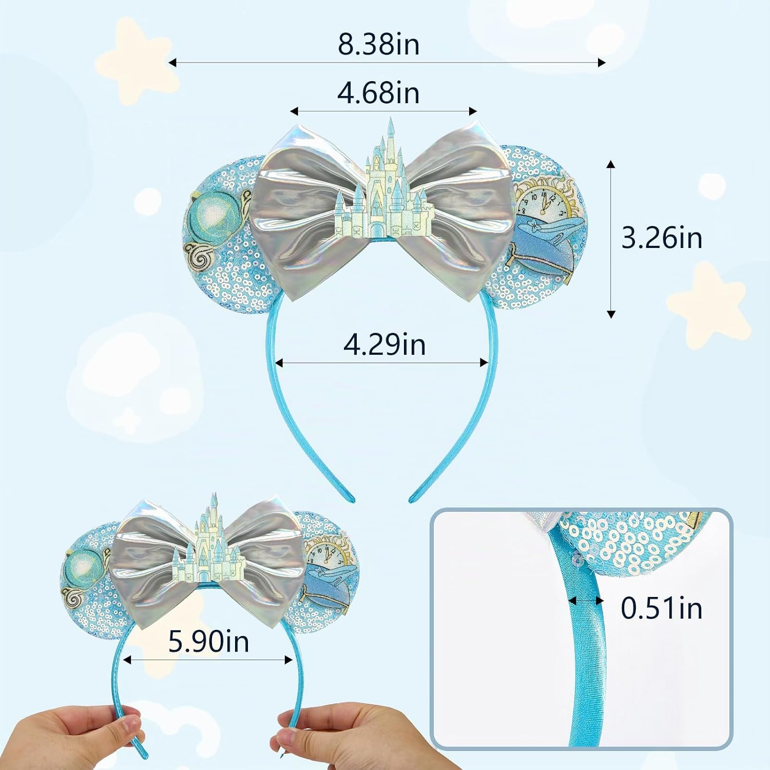 LYLIN Diadema con orejas de ratón, orejas de ratón azules con lazos de castillo para mujeres y niñas, accesorios para el cabello, orejas de parque, viajes, fiesta, cosplay, accesorios
