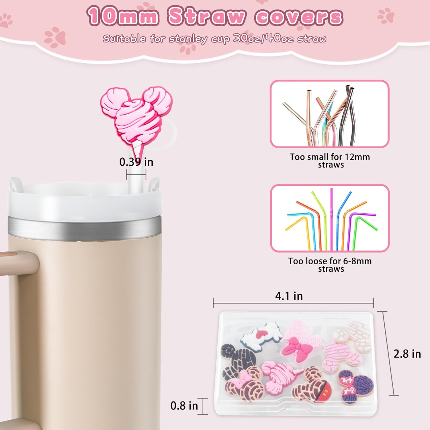 9 cubiertas de pajita para vaso Stanley Tumbler de 30 oz / 40 oz, tapas de pajita a prueba de fugas de 10 mm de silicona, lindas cubiertas para accesorios de vaso Stanley - Ratones rosados - 9 piezas