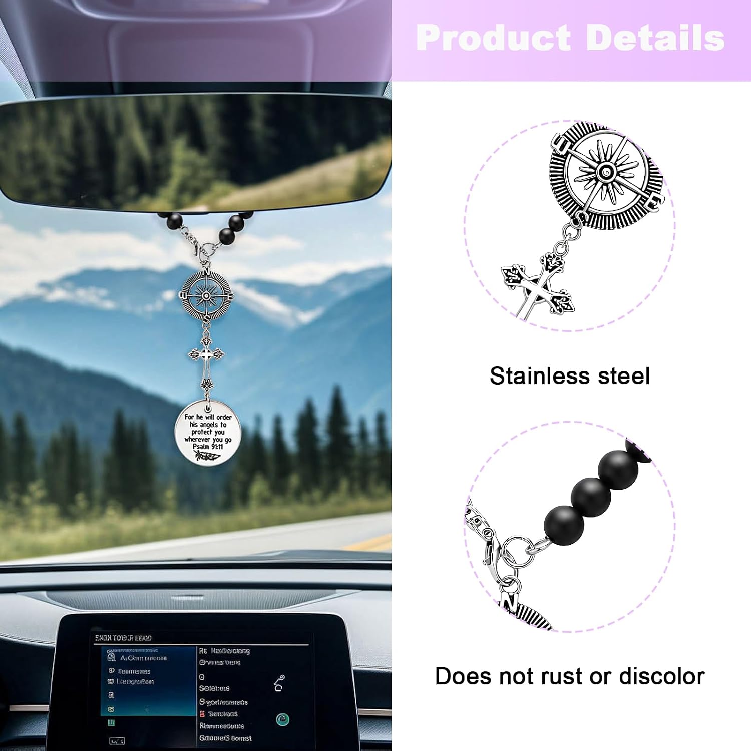 Cross Car Charm, Religious Bible Verse Auto Rear View Mirror Pendant, Psalm 91:11 Christian Rear View Mirror Hanging Ornament Cross Charm for Most Vehicles, Car Accessories