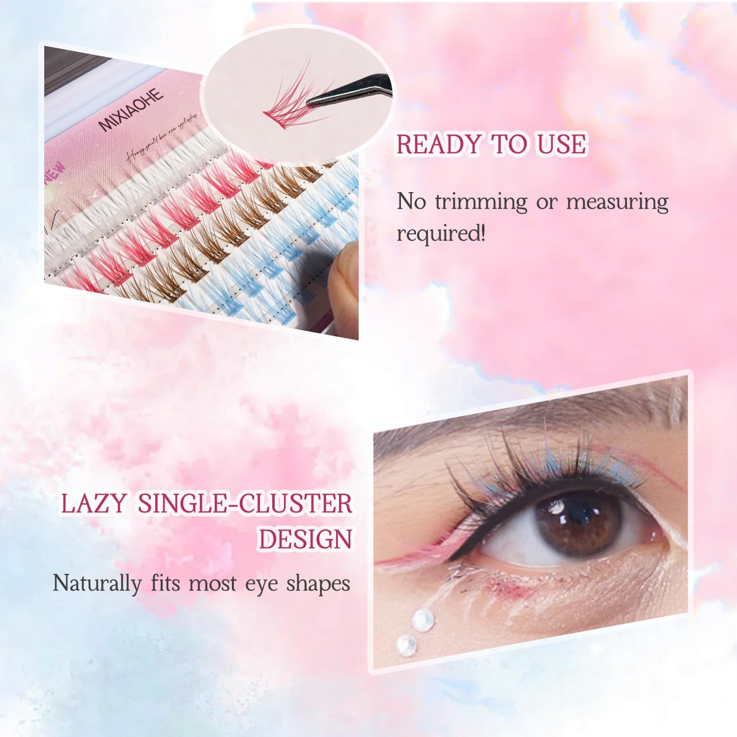 BOROLA 60 Bundles Color Eyelash Extensions, 0.4 - 0.5 inches (10 - 12 mm) Feather Style Single Bunch Eyelashes, Fan 3D Fluffy DIY Extensions, Multi-Layer Construction, Cosplay Parties, Daily Makeup