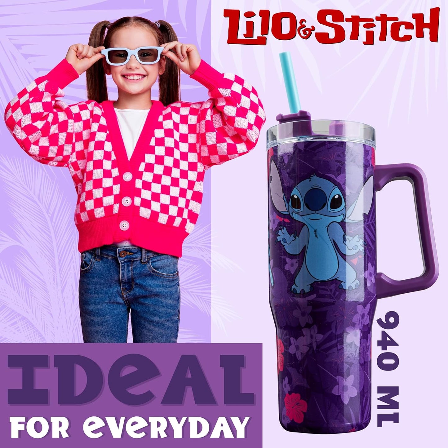 Taza de viaje aislada de Disney Stitch de 33 oz de acero inoxidable con asa y popote, botella de agua térmica de doble pared con aislamiento al vacío, compatible con portavasos para bebidas frías y
