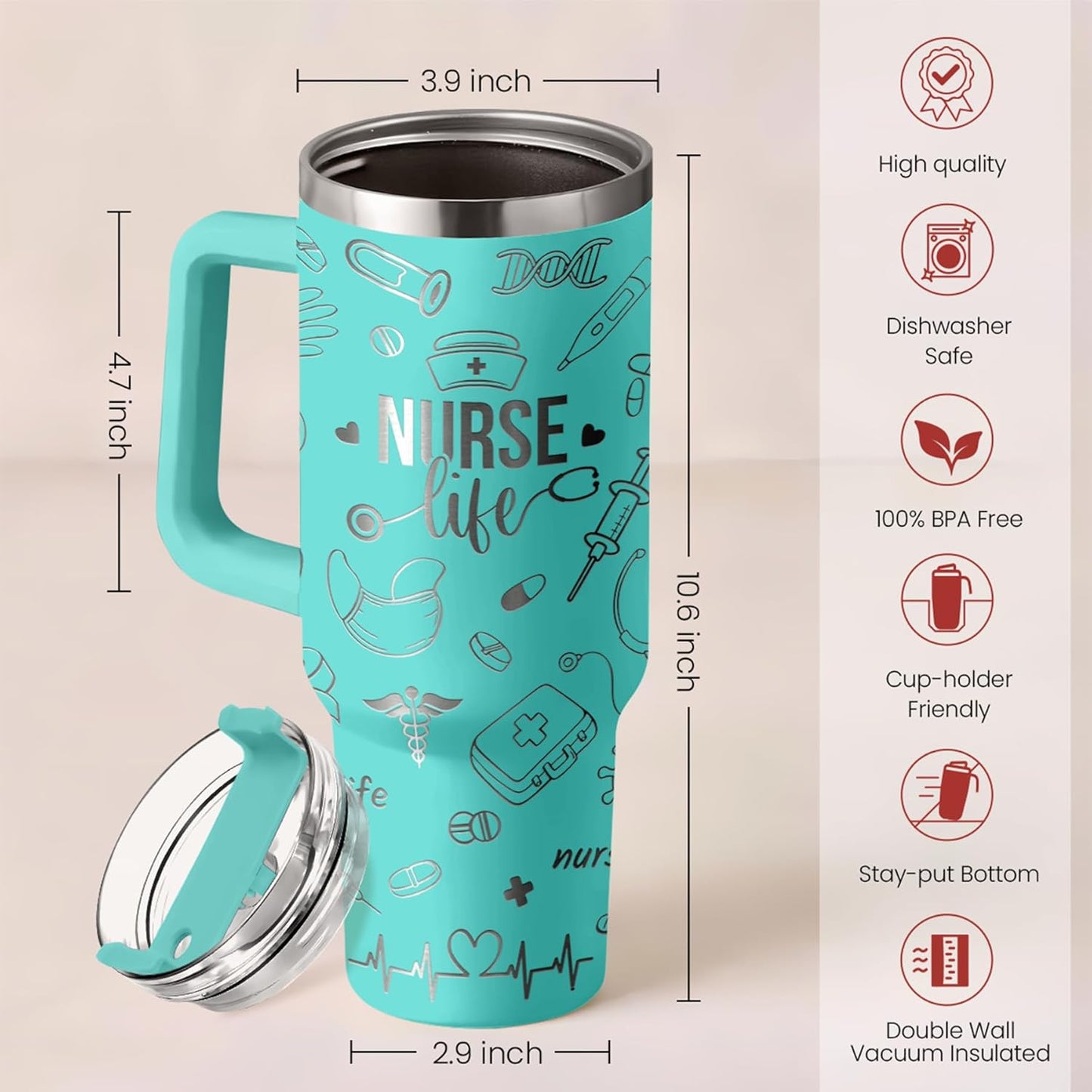 Regalos de enfermera para mujeres, vaso de enfermera con asa, taza de café de acero inoxidable de 40 onzas con tapa con pajilla, regalo de enfermería para enfermeras, regalo de agradecimiento para