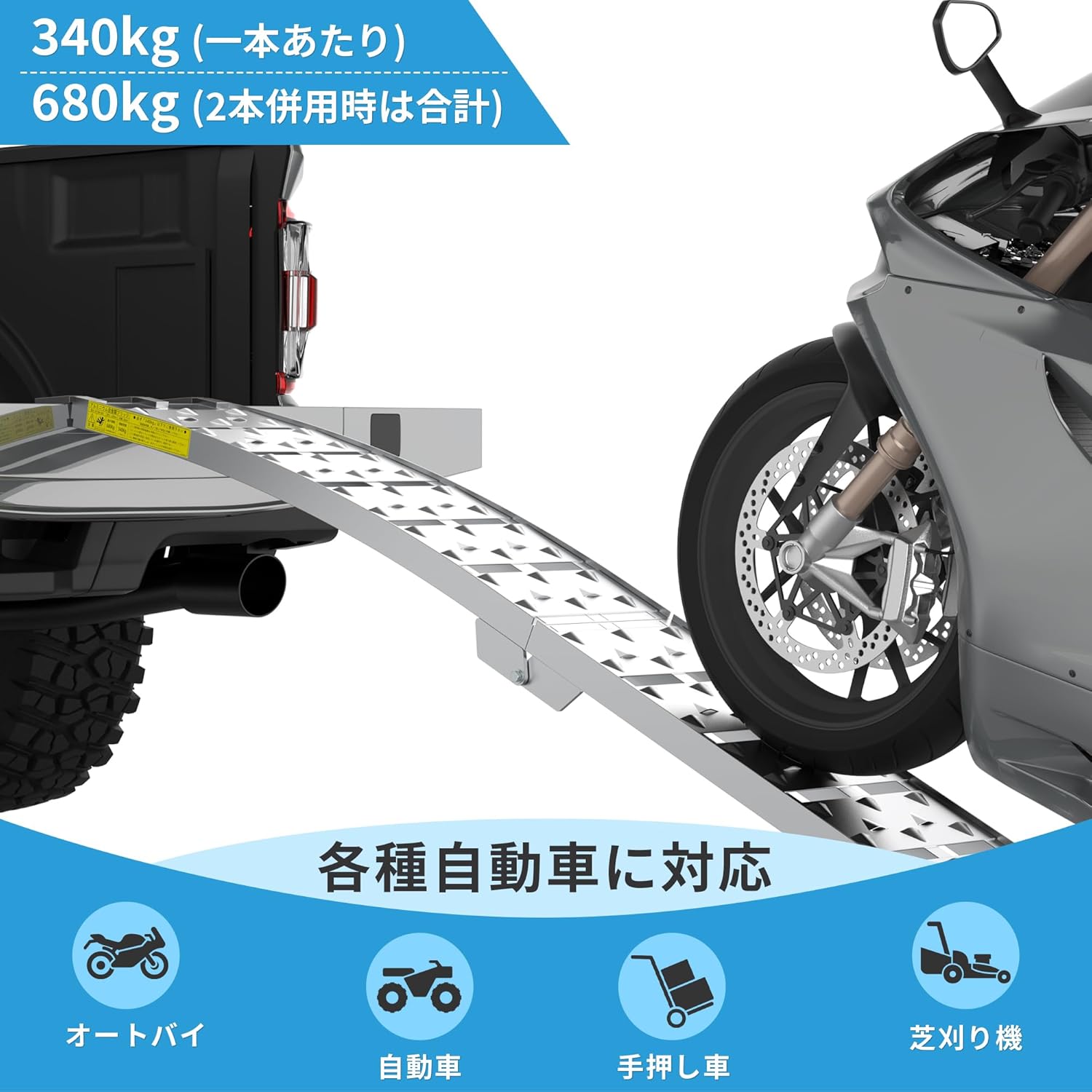 アルミ製ラダーレール 2 本セット 耐荷重 680kg アルミブリッジ 自転車・バイク・農機具運搬用 軽量頑丈 荷役スロープ