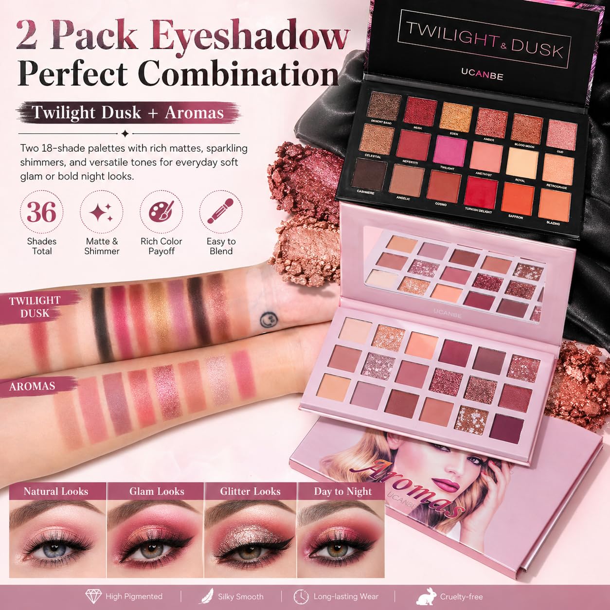 CHARMCODE Juego de 2 Paletas de Sombra de Ojos Crepúsculo Anochecer + Aromas Nude Maquillaje, Mate Brillante con Purpurina Perla Prensada Todo Altamente Pigmentado Polvo Difuminador, Kit de Sombra de