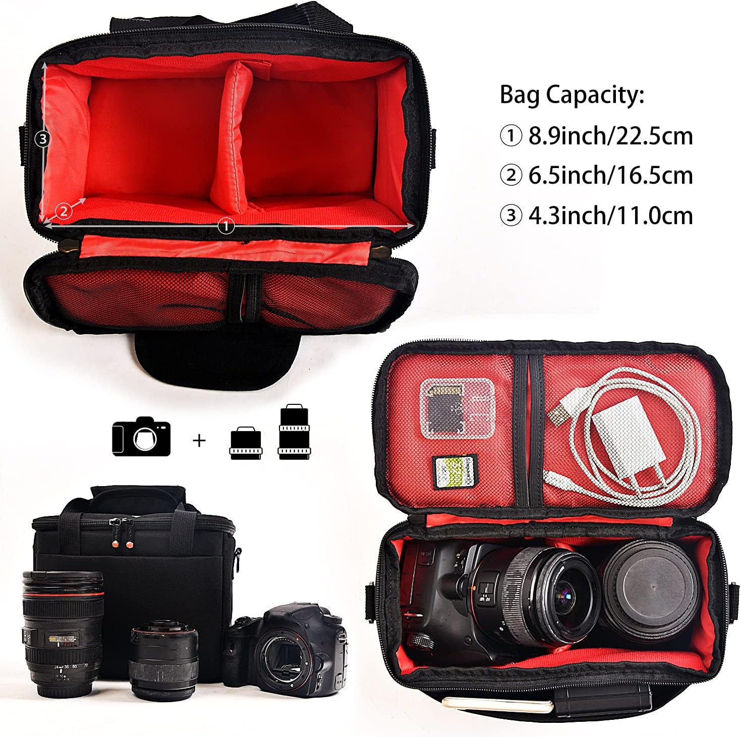 FOSOTO DSLR Camera Bag Shoulder Case for Nikon D3500 D5600 D7500 D610 Canon EOS 4000D 2000D SL3 T7 M50 M6 SX530 Fujifilm X-T20 and More Waterproof Nylon with Rain Cover Stylish Daily Bag (Black)