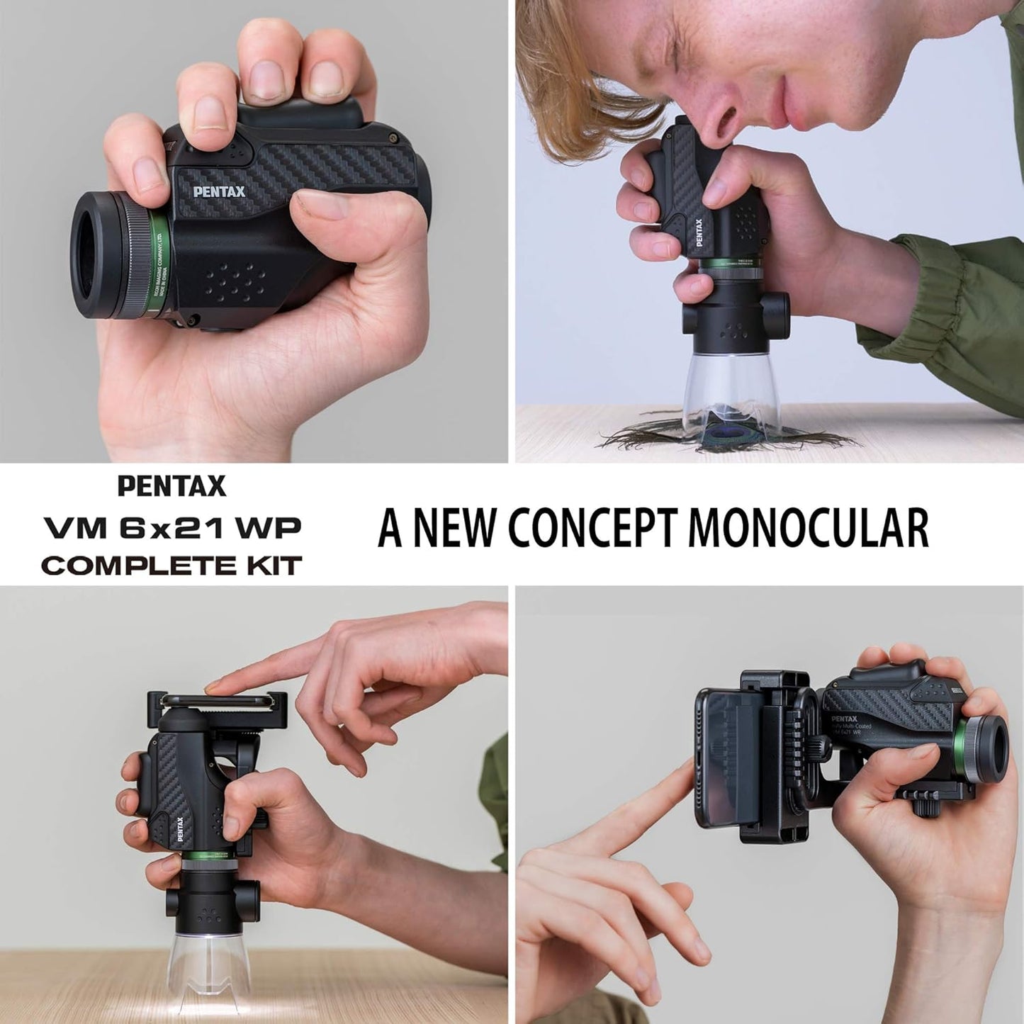 PENTAX 単眼鏡 VM 6x21 WP コンプリートキット 専用スマートフォンアダプターとマクロスタンド、光学性能に優れた明るくクリアな6倍倍率単眼鏡が付属しています。