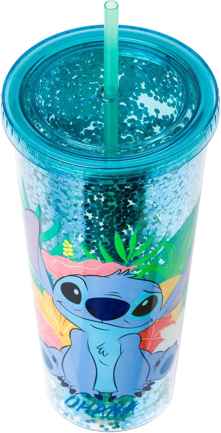 Silver Buffalo Disney Lilo and Stitch Ohana - Vaso de plástico con tapa y pajilla, 32 onzas