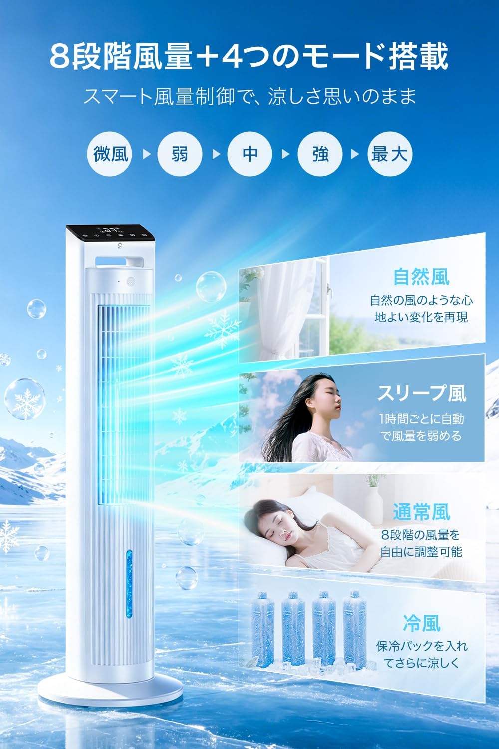 Tower Cooling Fan, Powerful [2026 Summer Model & Powerful Cooling] Cooling Fan, Water Cooling Type, 1.6 gal (5 L) Large Capacity Tank, Left and Right Automatic Oscillation, Cooling/Blowing/Humidifiing