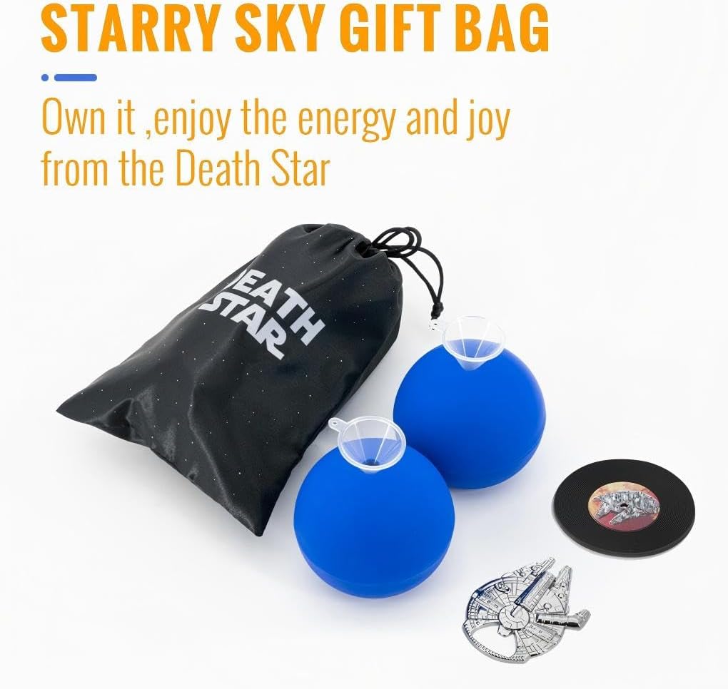 Star Wars - Molde para cubitos de hielo de estrella de la muerte, molde redondo para cubitos de hielo para whisky, bourbon, cócteles (2 paquetes+abridor de botellas de halcón milenario+posavasos +