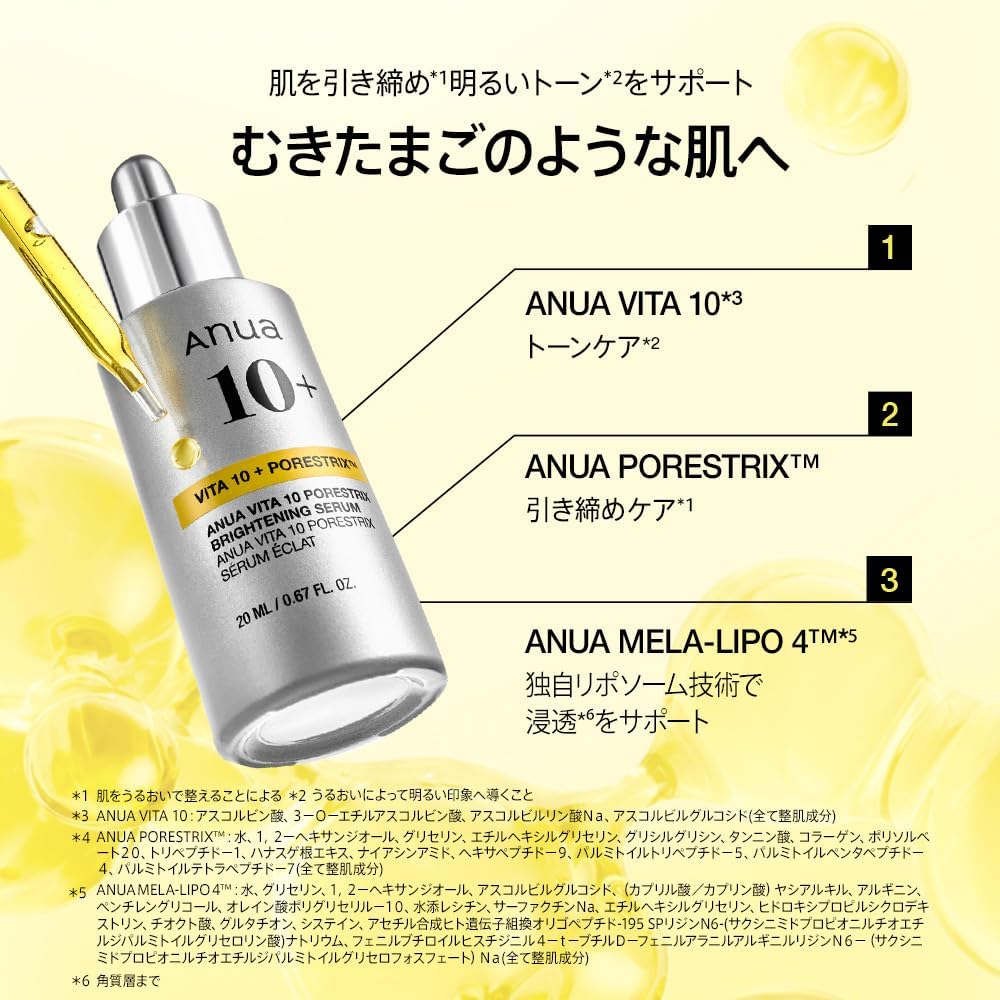 ANUA Vita 10 Pore Strix Brightening Serum, 0.7 fl oz (20 ml), Vitamin Essence, Pores, Skin Tone, Transparent, Moisturized, Firm, Panthenol, CICA, Mixed Skin, Dry Skin, Vitamin Serum, Skin Care