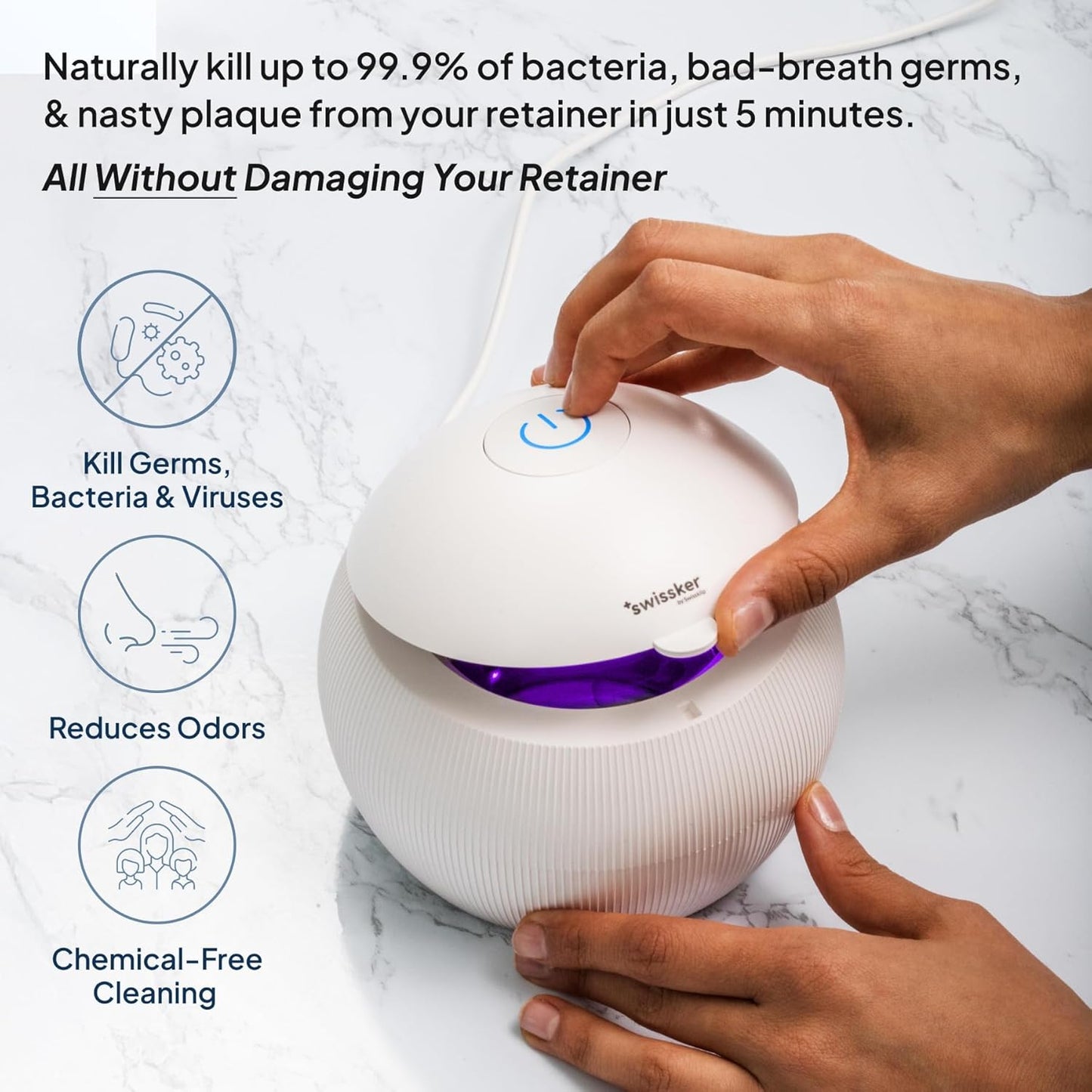Swissker by Swissklip ShinePod - Cápsula de limpieza dental ultrasónica | Máquina de limpieza ultrasónica de retenedores | Limpiador de protector bucal | Limpiador de protector nocturno | Limpiador de