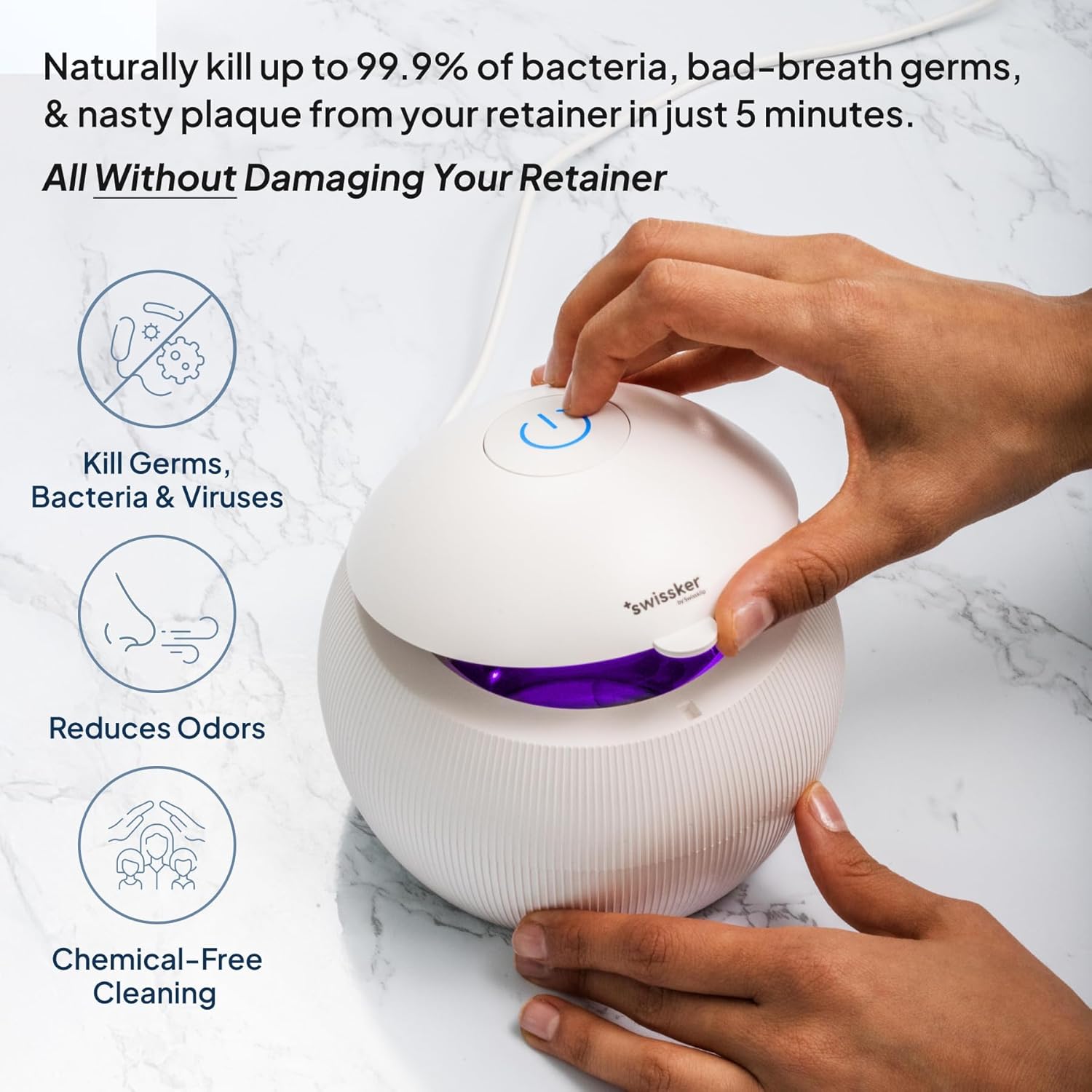 Swissker by Swissklip ShinePod - Cápsula de limpieza dental ultrasónica | Máquina de limpieza ultrasónica de retenedores | Limpiador de protector bucal | Limpiador de protector nocturno | Limpiador de