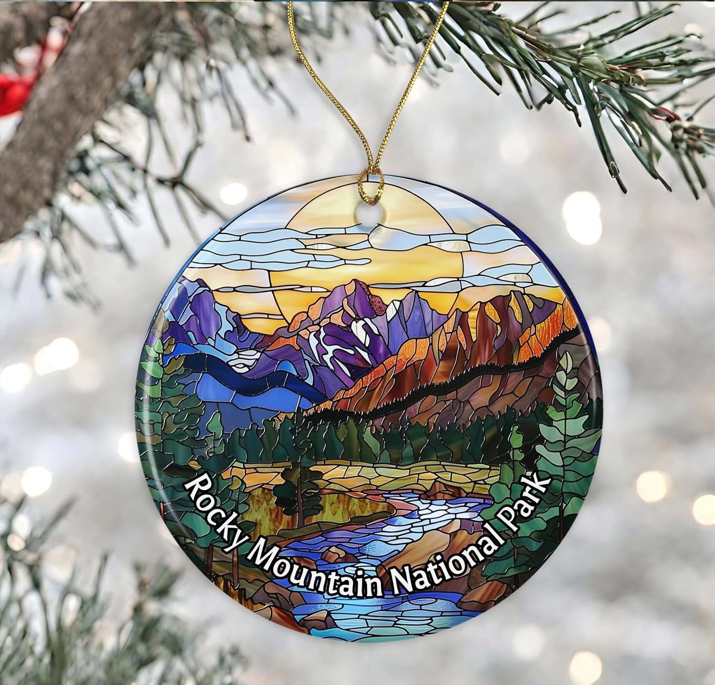 Adorno del parque nacional de las Montañas Rocosas, adorno de aspecto de vitral, adorno de Navidad de parques nacionales, adorno de recuerdo, recuerdos de viaje, adorno de Navidad de cerámica impreso