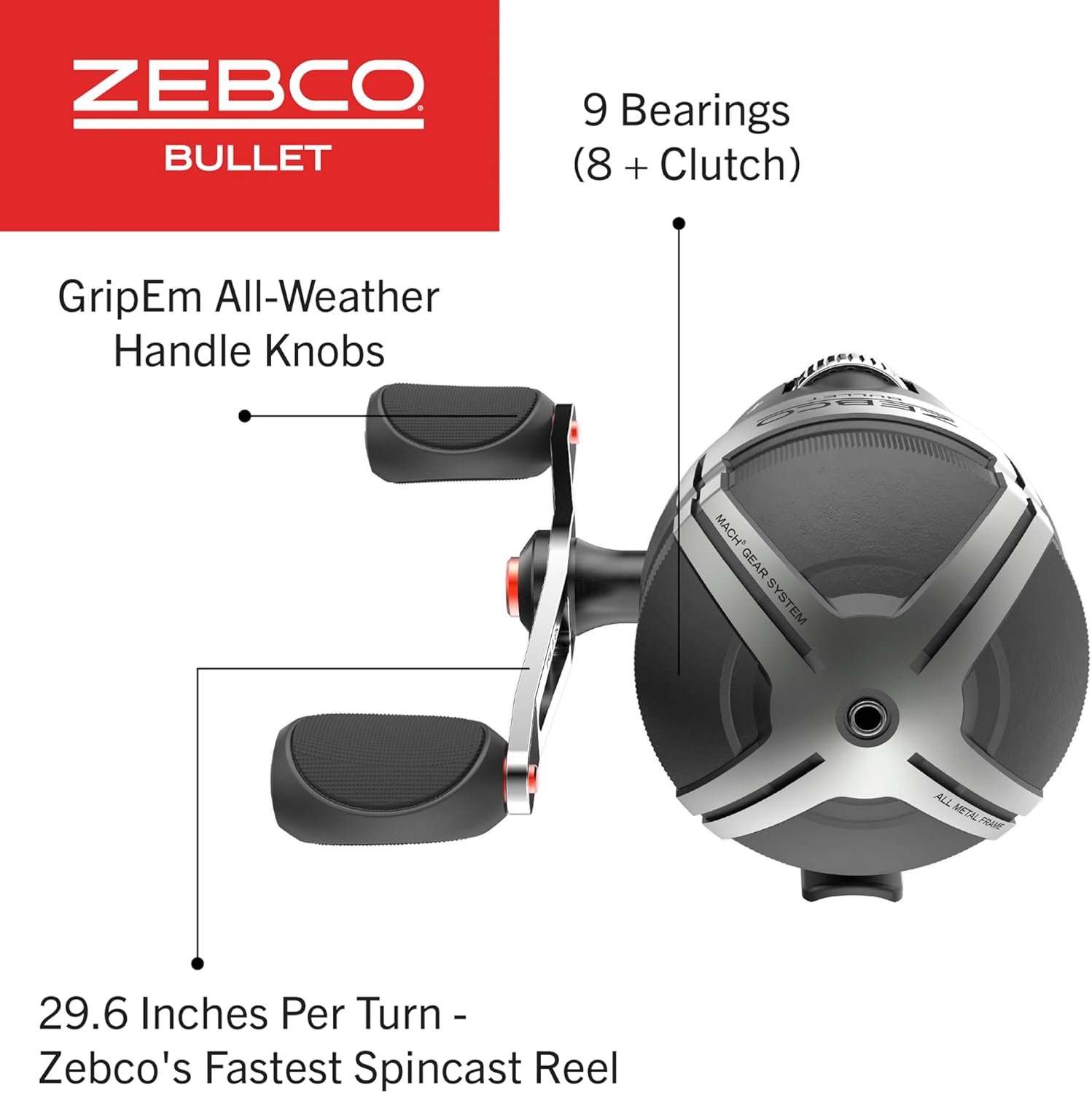 Zebco Bullet Spincast Fishing Reel Size 30 Reels 29.6" Fast in One Turn GripEm All Weather Handle Knob 10 lb with Zebco Fishing Line Black Clam Package