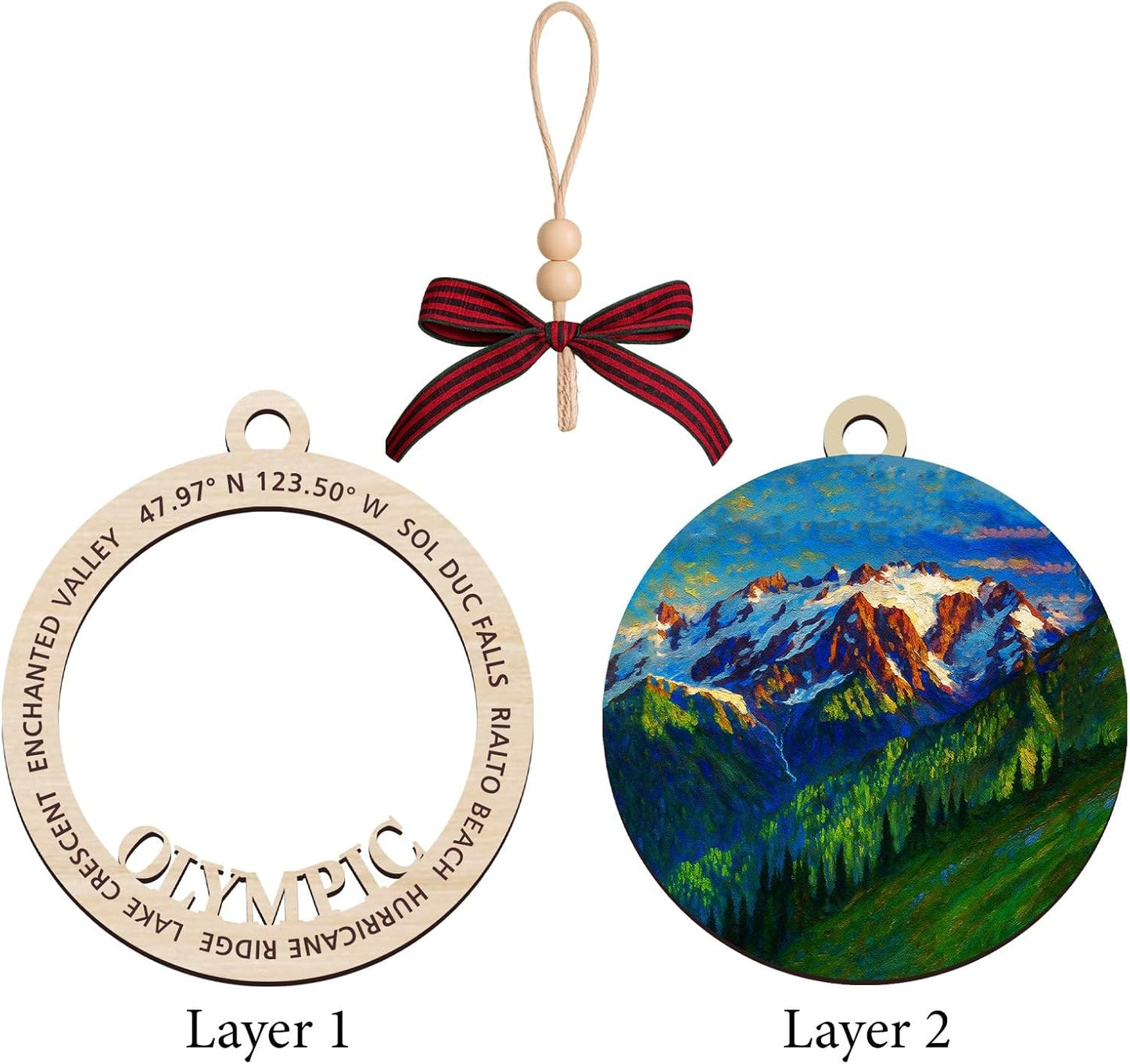 Adorno de madera del Parque Nacional Olímpico, recuerdo de Navidad de 2 capas, recuerdo de viaje de los parques estadounidenses, regalo para excursionistas, decoración de madera de 2 x 4