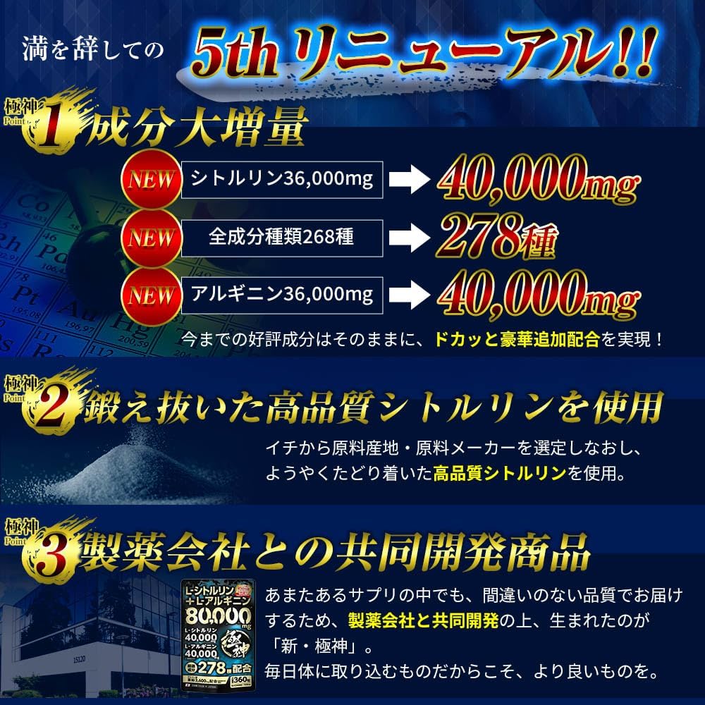 Gokujin Citrulline Arginine Total Over 80,000mg Gluconic Acid Zinc 3,600mg Tongkat Ali Amino Seal Rampep 278 Carefully Selected Ingredients 360 Tablets