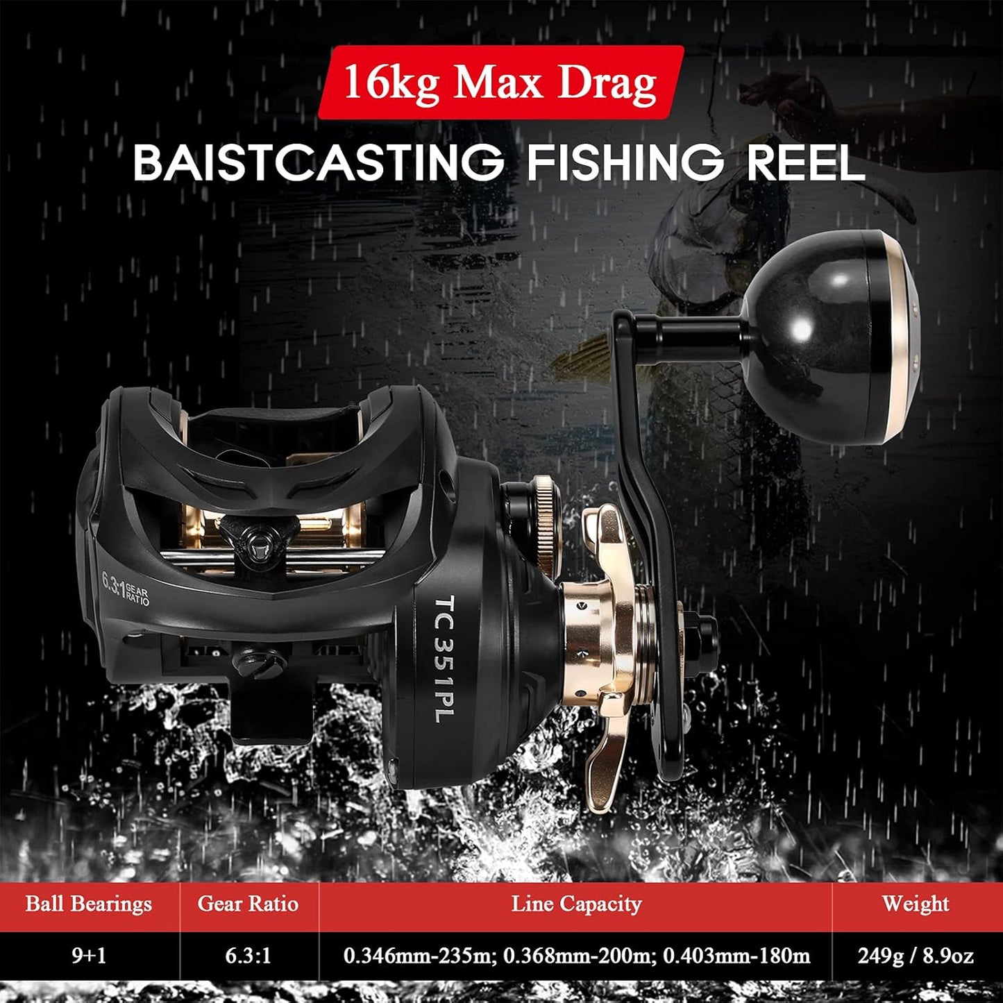 Carbon Fiber Baitcasting Reel 9+1BB Fishing Reel High Speed 6.3:1 Gear Ratio Magnetic Brake System Right Hand Baitcaster Reel