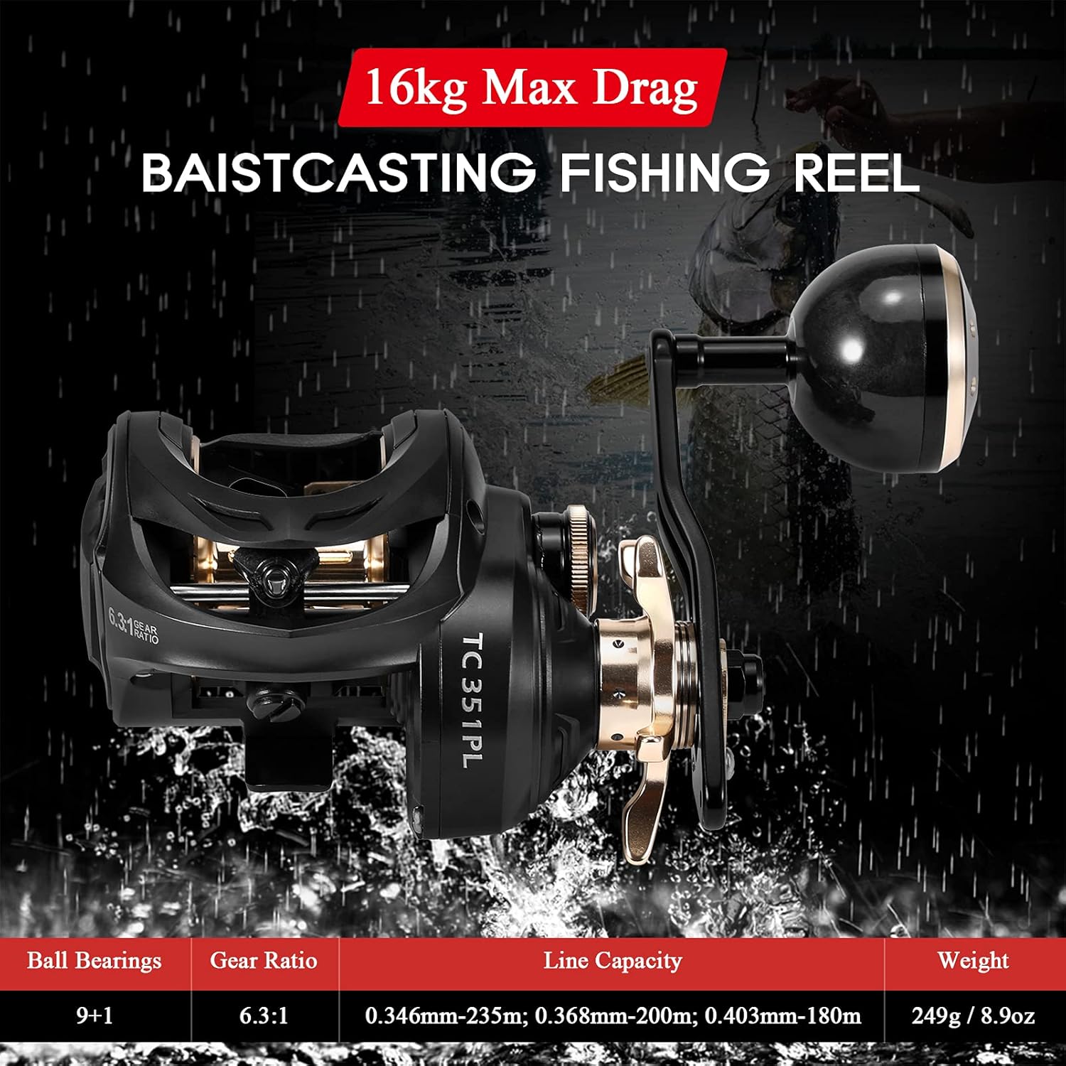 Carbon Fiber Baitcasting Reel 9+1BB Fishing Reel High Speed 6.3:1 Gear Ratio Magnetic Brake System Right Hand Baitcaster Reel