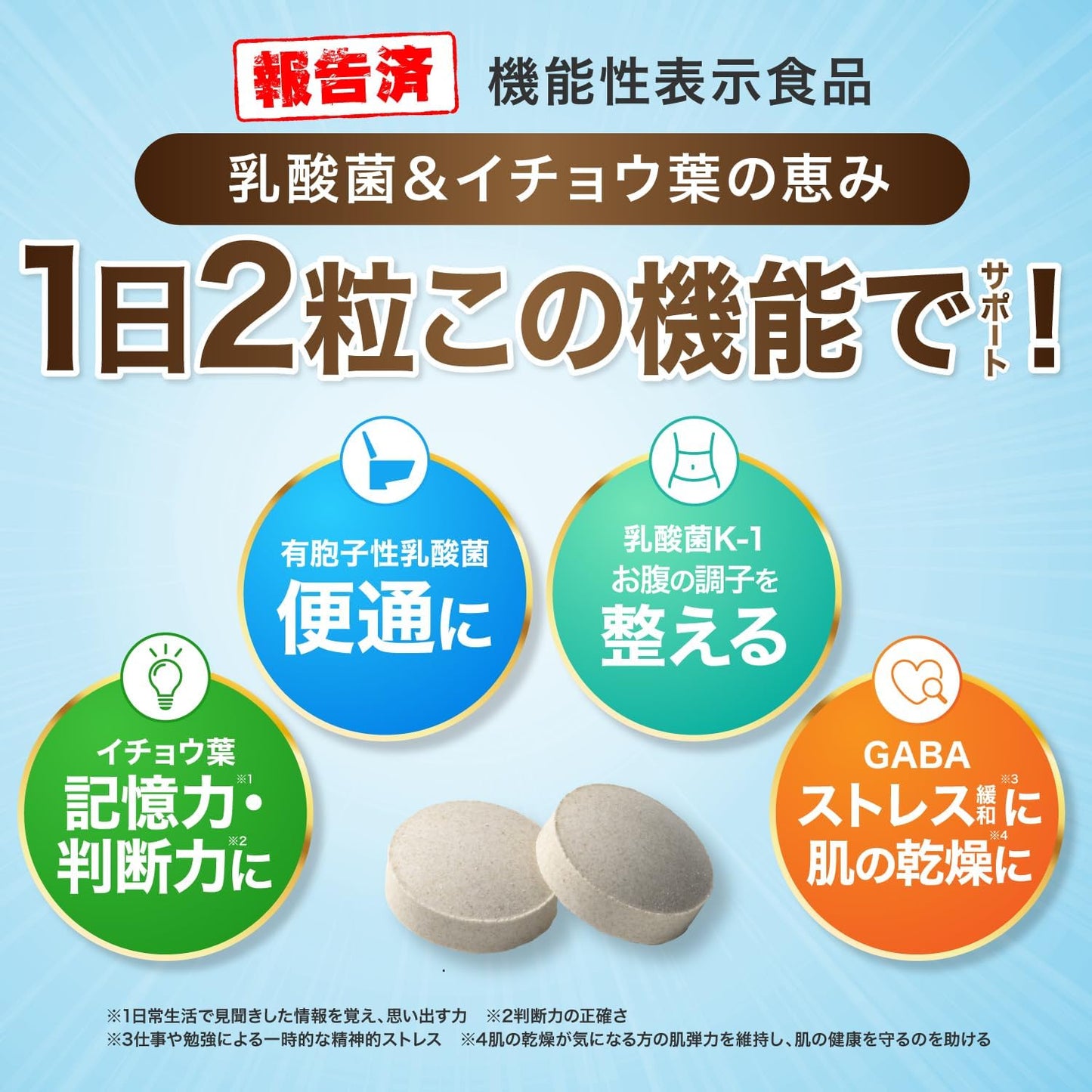 GABA K-1 Lactic Acid Bacteria & Ginkgo Leaf Blessing Food, Functional Claim, Convenient Intestinal Environment, Memory Power, Decision, Mental Stress & Fatigue, 60 Tablets