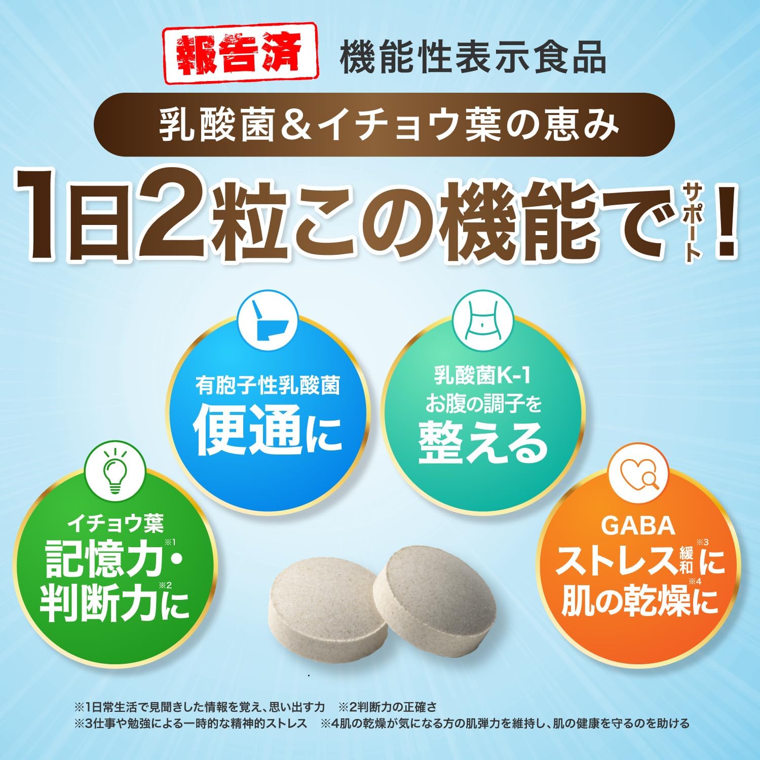 GABA K-1 Lactic Acid Bacteria & Ginkgo Leaf Blessing Food, Functional Claim, Convenient Intestinal Environment, Memory Power, Decision, Mental Stress & Fatigue, 60 Tablets