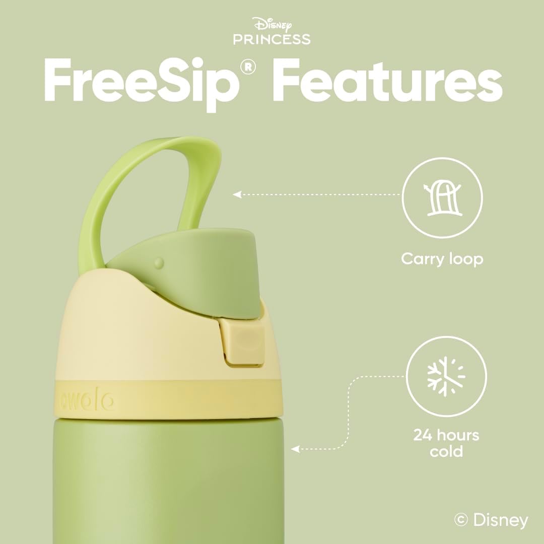 Owala Disney Princess FreeSip - Botella de agua aislada de acero inoxidable con popote para deportes y viajes, botella de agua deportiva sin BPA, 24 onzas, Tiana
