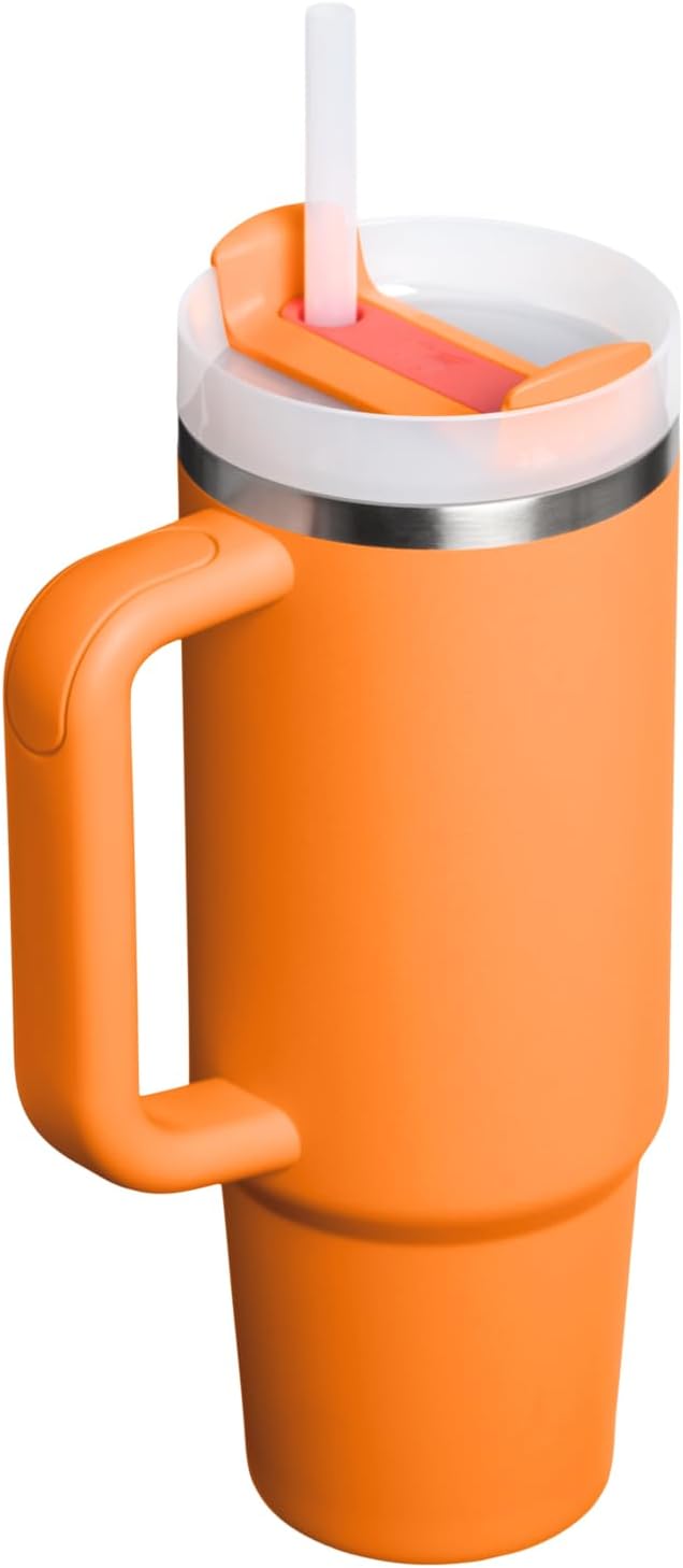 Stanley Quencher H2.0 - Vaso de acero inox. con asa, pajilla y tapa FlowState giratoria de 3 posiciones; aislamiento térmico/sin BPA; apto p/portavaso p/viaje; 30 oz, coral dorado (Goldenrod Coral)
