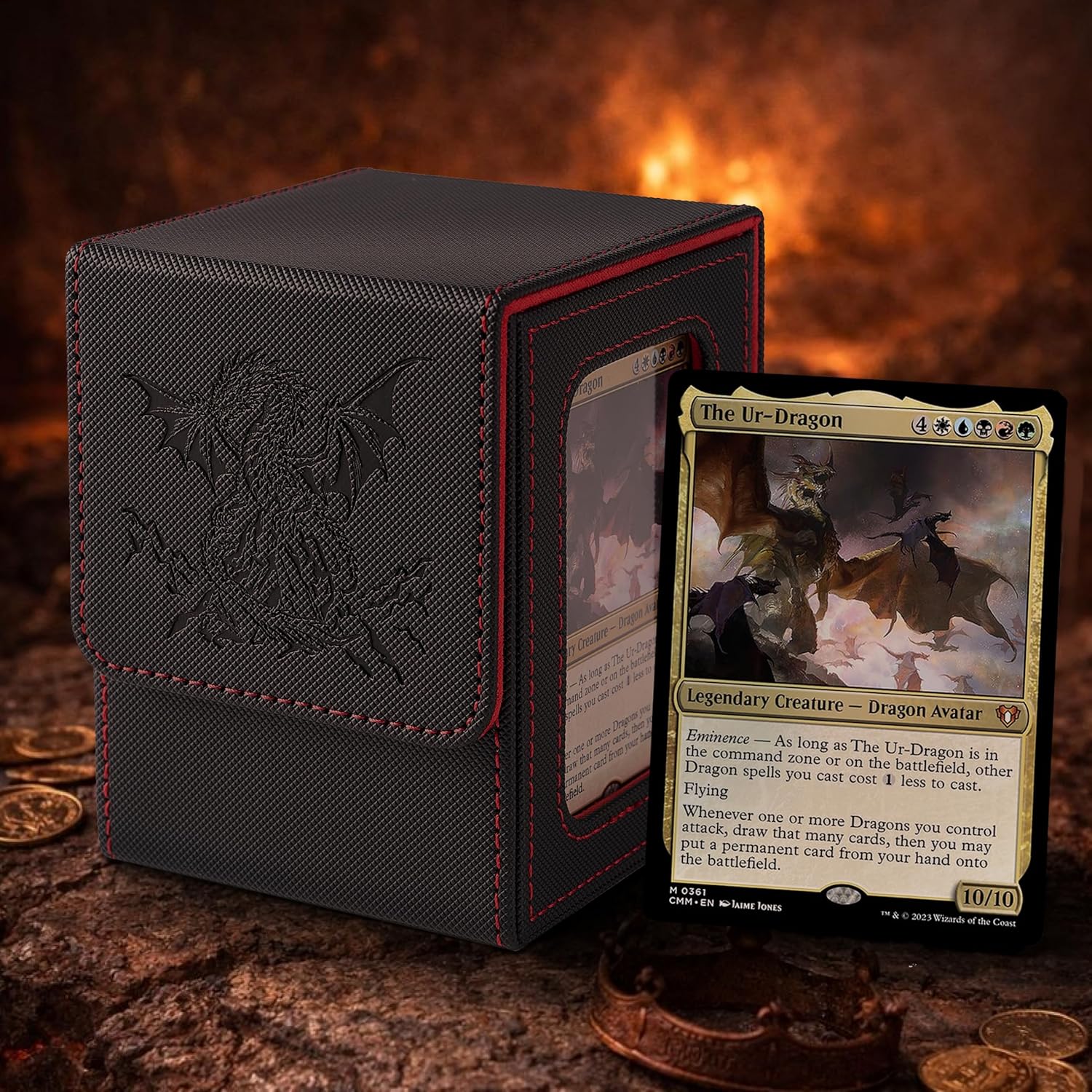 Venssu Deck Case Trading Card Case Card Display Window for 100 Cards Double and Triple Sleeve Compatible Vertical Storage with 2 Dividers and 1 Top Loader Made of Leather (Dragon)