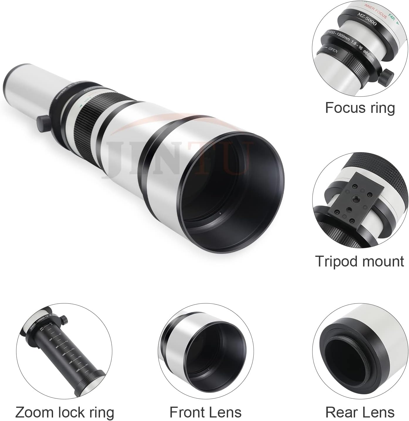 JINTU 650-1300mm PRO F8.0-16 Super Telephoto Zoom Lens for Nikon D3200 D3100 D3400 D5500 D5600 D5400 D5300 D5100 D5200 D7200 D7500 Digital For SLR manual focus Includes carry bag