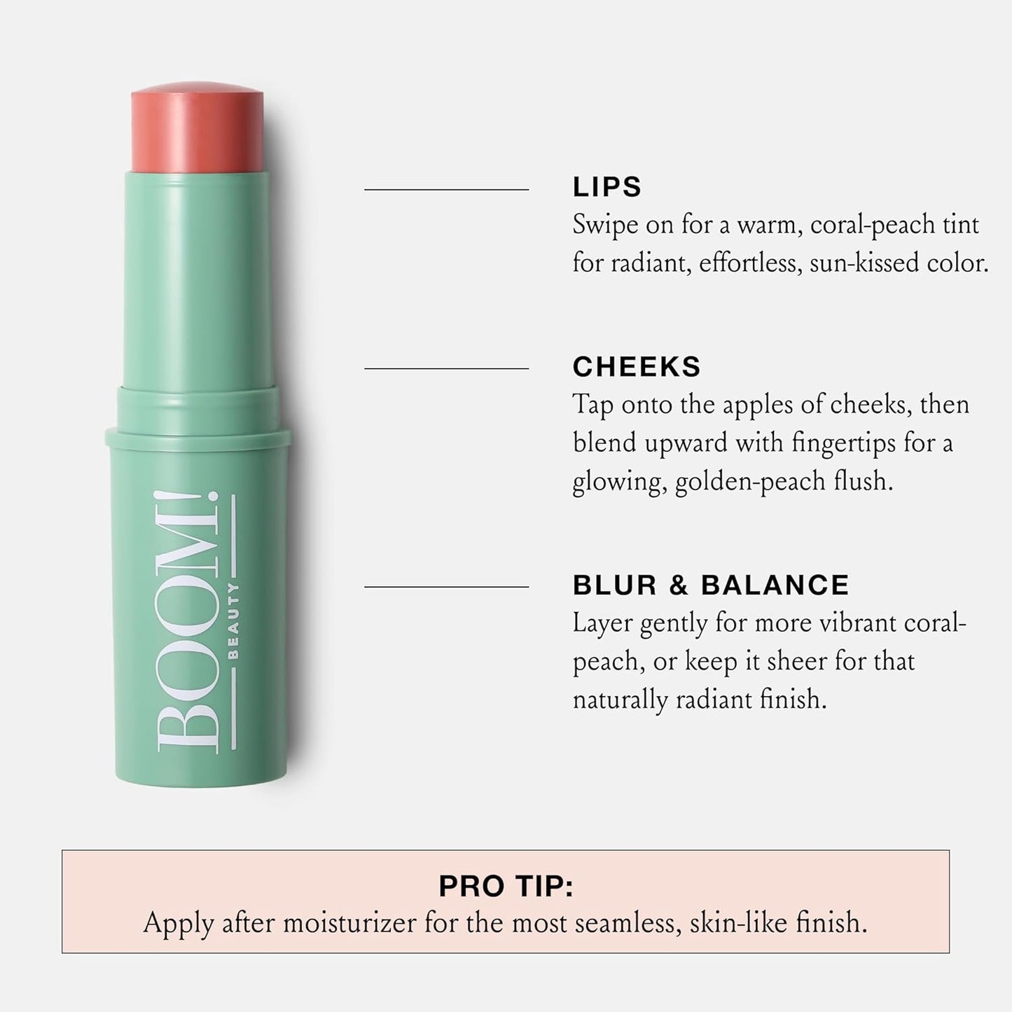 Barra y lápiz labial Boomstick Golden Peach® Warm Coral-Peach Blush | Multistick, vegano, maquillaje para mujeres mayores, piel madura, por Cindy Joseph