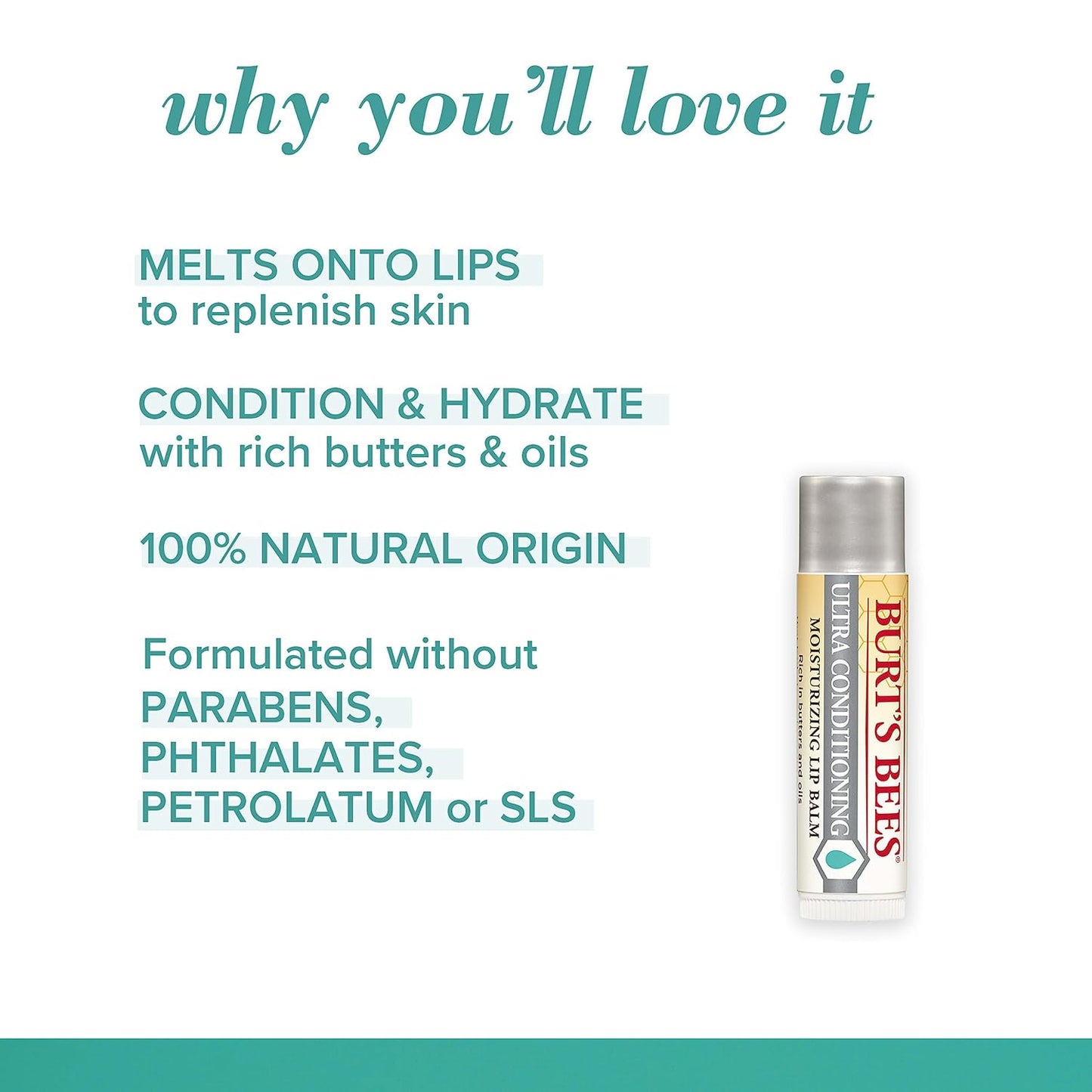 Burt's Bees Bálsamo labial, cuidado de labios hidratante, 100% de origen natural, ultra acondicionador con karité, cacao y manteca de kokum, 0.15 onzas, cuatro tubos