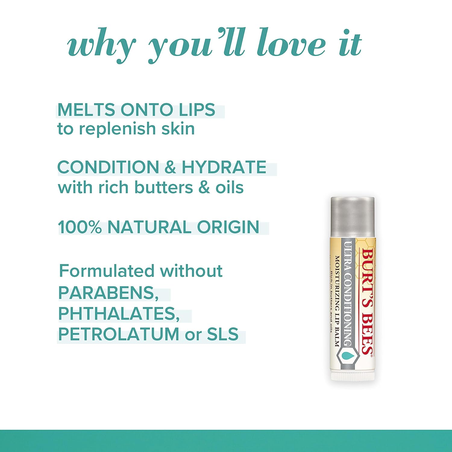 Burt's Bees Bálsamo labial, cuidado de labios hidratante, 100% de origen natural, ultra acondicionador con karité, cacao y manteca de kokum, 0.15 onzas, cuatro tubos