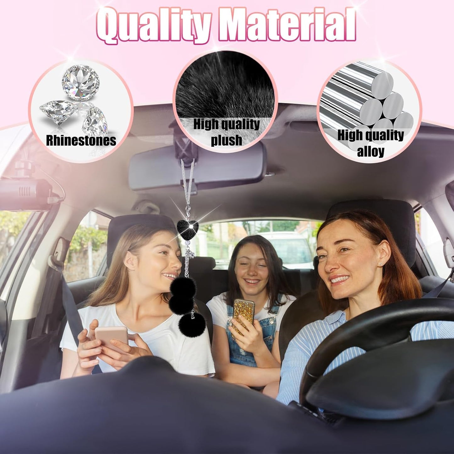 Adorno brillante para colgar en el automóvil, accesorios de espejo de automóvil para mujer, corazón de diamante y bola de felpa mullida, accesorios de automóvil para colgar, colgante para espejo